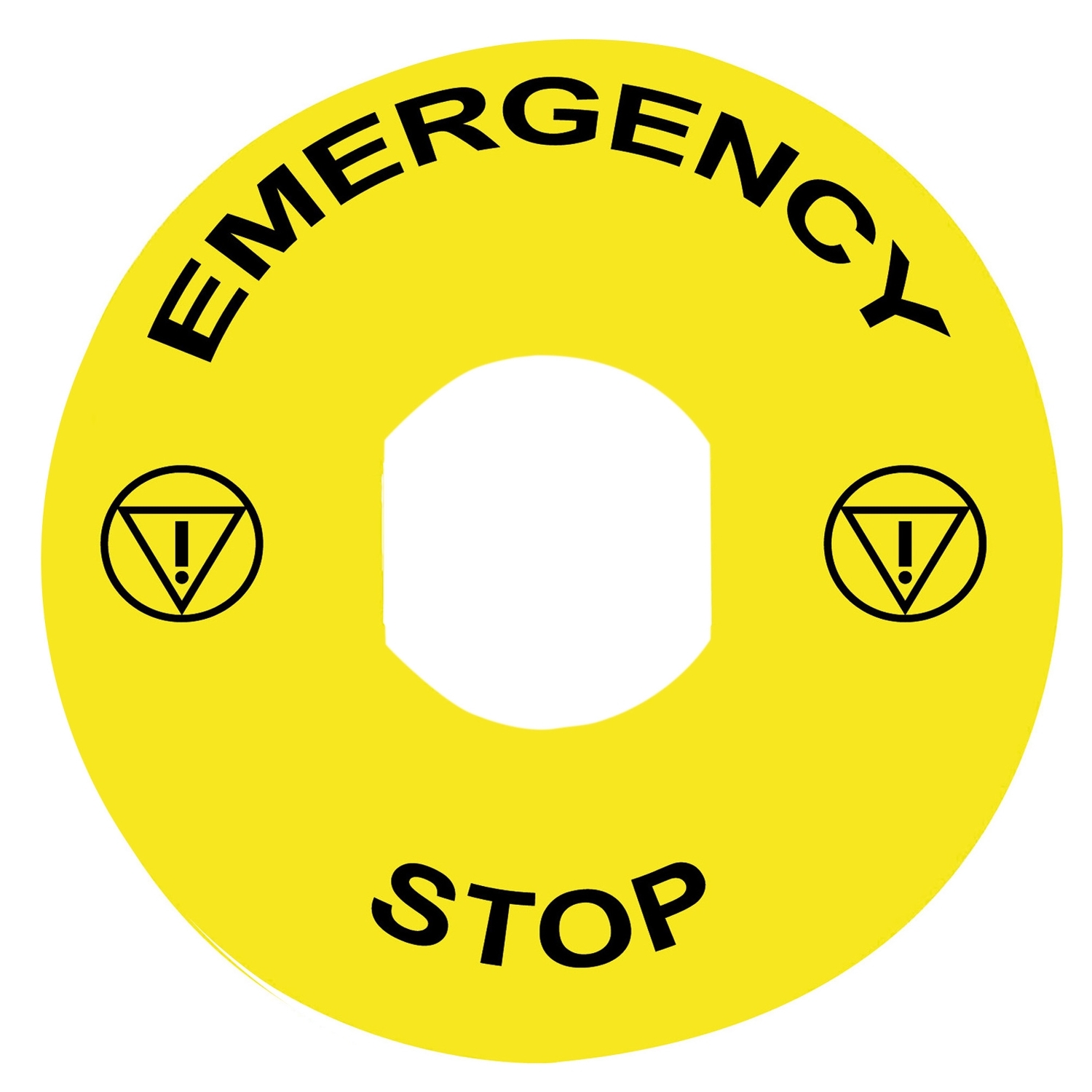 Legend, Harmony XB4, plastic, yellow, 90mm, for emergency stop, marked EMERGENCY STOP with logo ISO13851