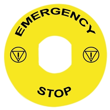 Harmony sárga köralakú felirati tábla, Ø90, vészleállítóhoz, logóval, EMERGENCY STOP ZBY8330