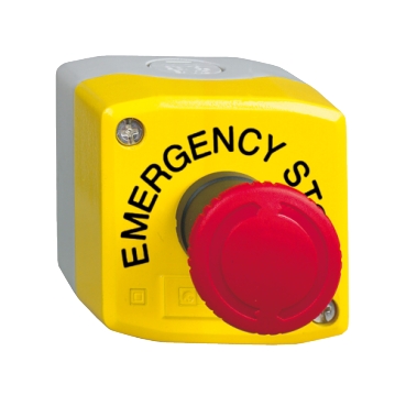 Harmony XALK tokozott vészgomb, sárga, 1 piros gombafejű nyomógomb, forgatásra kioldóg, 1NO+2NC, "EMERGENCY STOP" XALK178GTH29