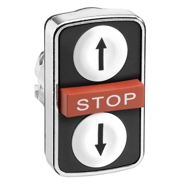 Harmony fém kettősfejű nyomógomb fej, Ø22mm, visszatérő, 1-1 fehér fel/le nyíl nyomógomb, piros kiemelkedő STOP gomb - ZB4BA71114