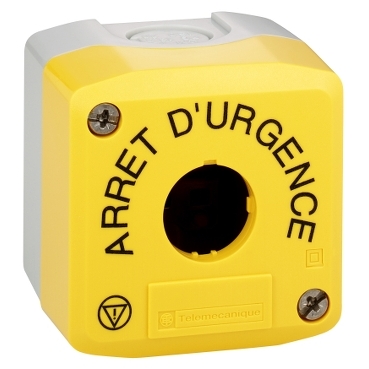 Harmony XALK tokozat vészleállítóhoz, sárga, üres, 1 kivágás, "ARRET D'URGENCE" felirat és logo XALK01HFR