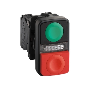 Double-headed plastic pushbutton with 2 pushes (1 flush black + 1 projecting red) + 1 white central pilot light block. Caps: white I on green background and white O on red background