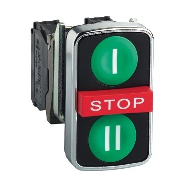 Harmony komplett fém kettősfejű nyomógomb, Ø22mm, visszatérő, 2NO+1NC, 2 zöld "I"/"II" + 1 piros kiálló STOP gomb - XB4BA731327