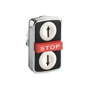 Harmony fém kettősfejű nyomógomb fej, Ø22mm, visszatérő, 1-1 fehér/fekete fel/le nyíl nyomógomb, piros kiemelkedő STOP - ZB4BA71124
