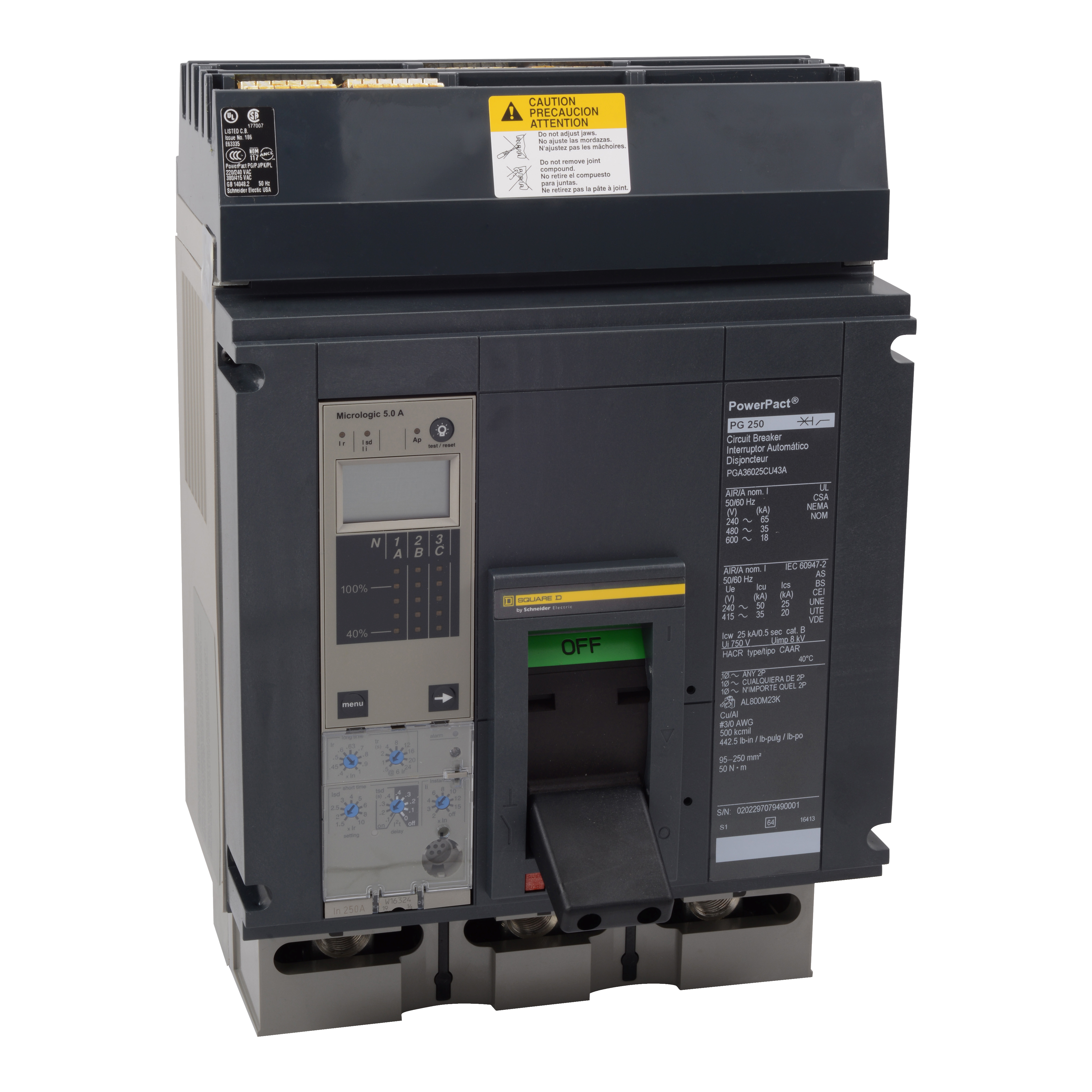 Circuit breaker, PowerPacT P, 800A, 3 pole, 600VAC, 25kA, I-Line, ET1.0l, 80%, ABC