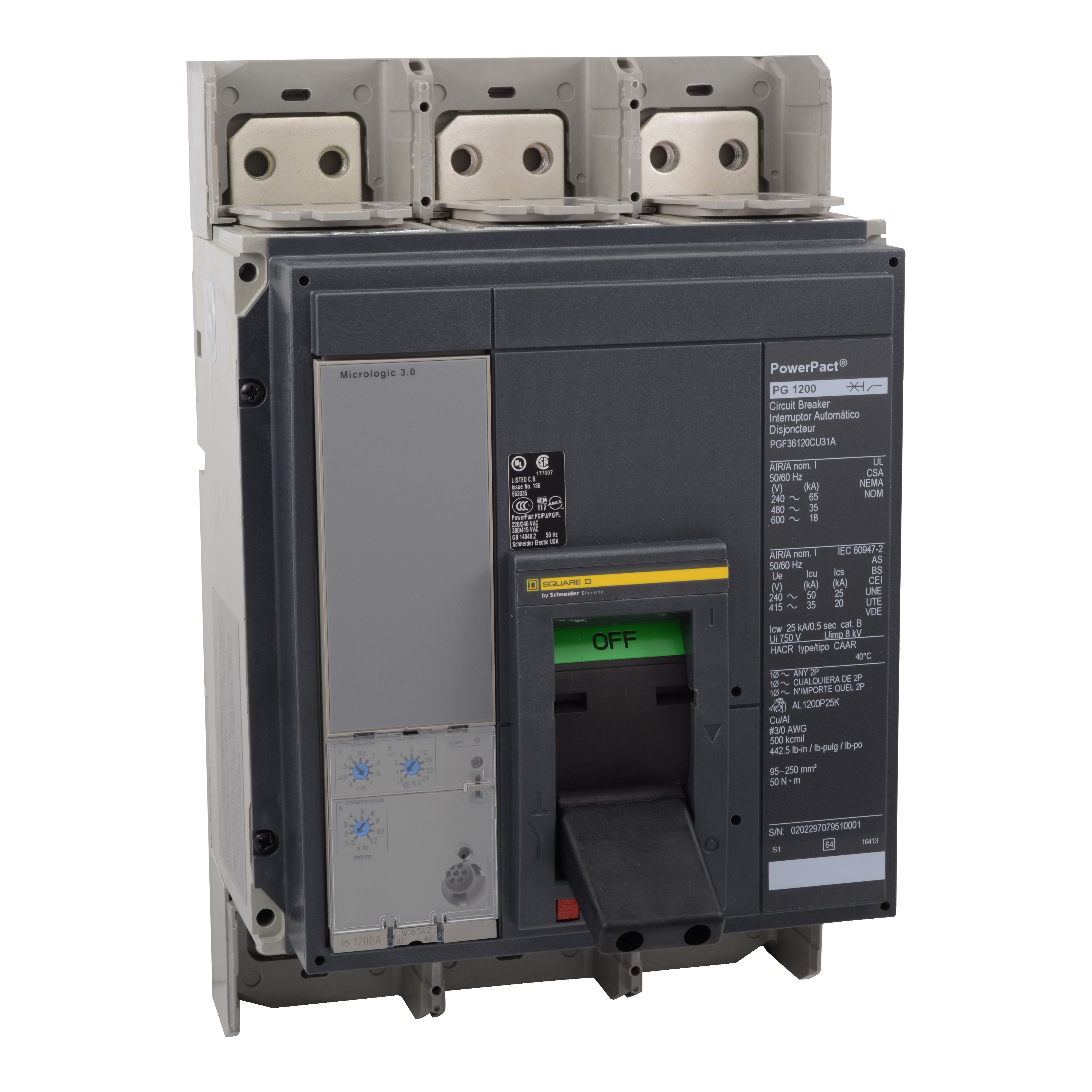 Circuit breaker, PowerPacT P, 600A, 3 pole, 600VAC, 65kA, busbar, Micrologic 5.0, 100%