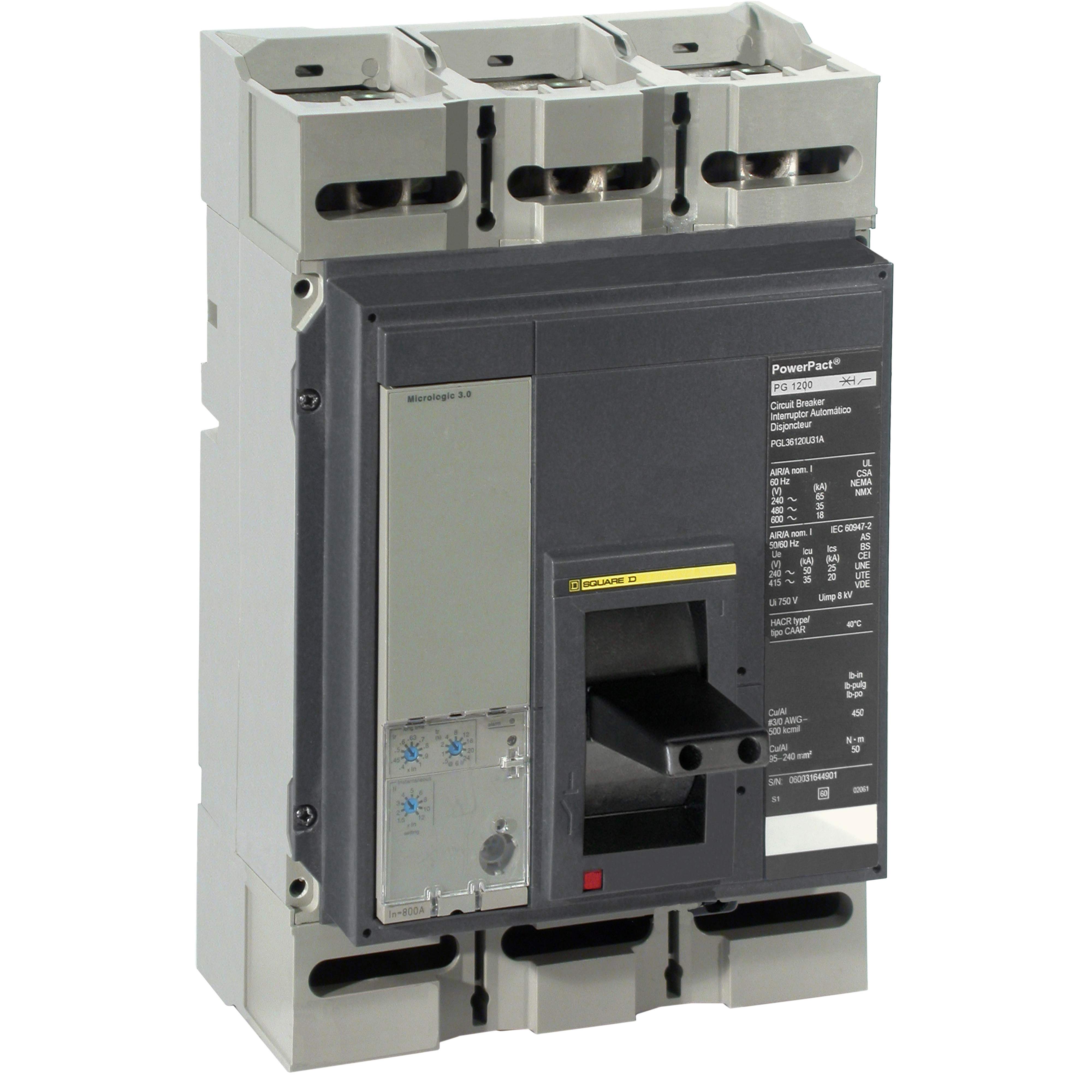 Circuit breaker, PowerPacT P, 800A, 3 pole, 480VAC, 100kA, lugs, Micrologic 3.0, 100%