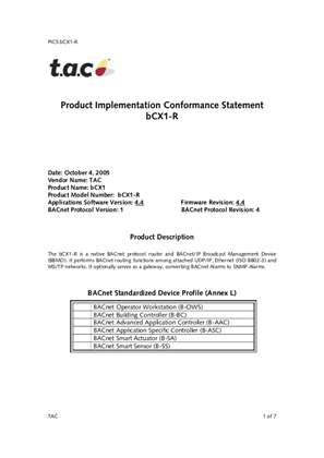 bCX1-R v4.4 Product Implementation Conformance Statement