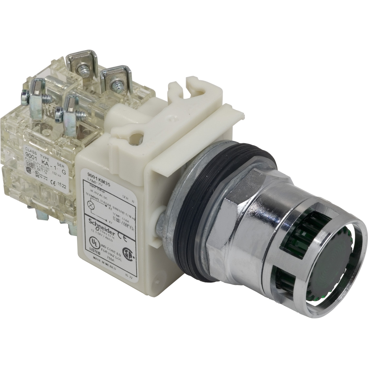 Illuminated push button, Harmony 9001K, metal, metal guard flush, green, 30mm, spring return, 24...28V, screw terminals for lug, 2 C/O