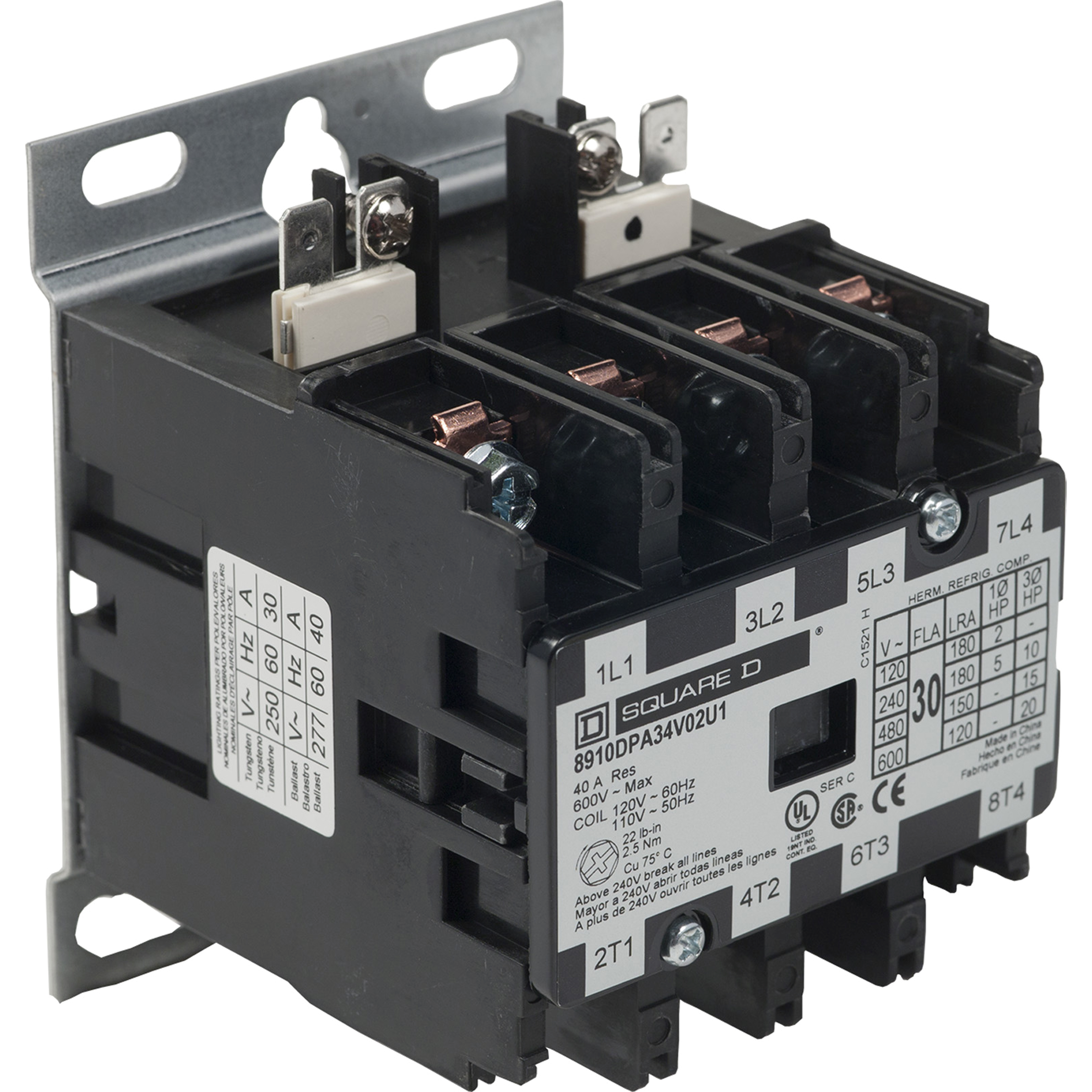 Contactor, Definite Purpose, 30A, 4 pole, 20HP at 575VAC, 3 phase, 110/120VAC 50/60Hz coil, open, UL Listed