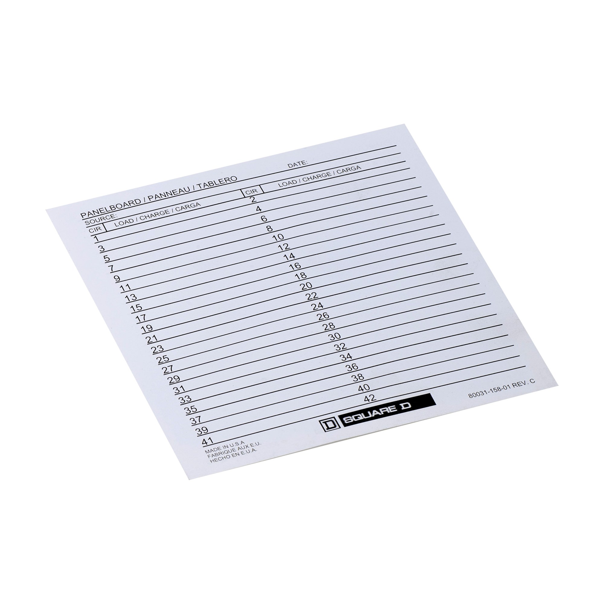 Square D 8003115801 Circuit Breaker Panelboard Directory Card Cooper