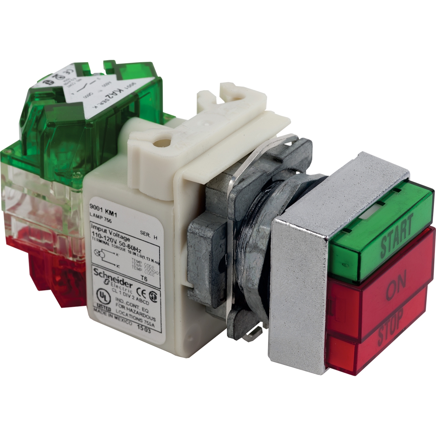Push button, Harmony 9001K, 30mm 2 push buttons, with pilot light, green marked START / red ON / red marked STOP, 10A, 600V AC, 1NO + 1NC