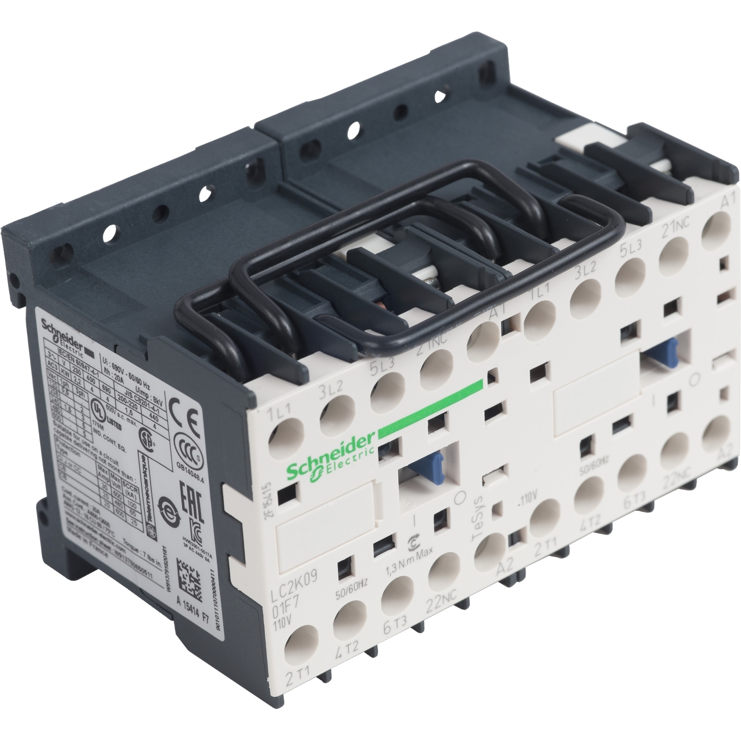 reversing Contactor, TeSys K, 3P, AC-3/AC-3e,440V 9A, 1NC, 110V AC coil, screw clamp terminals