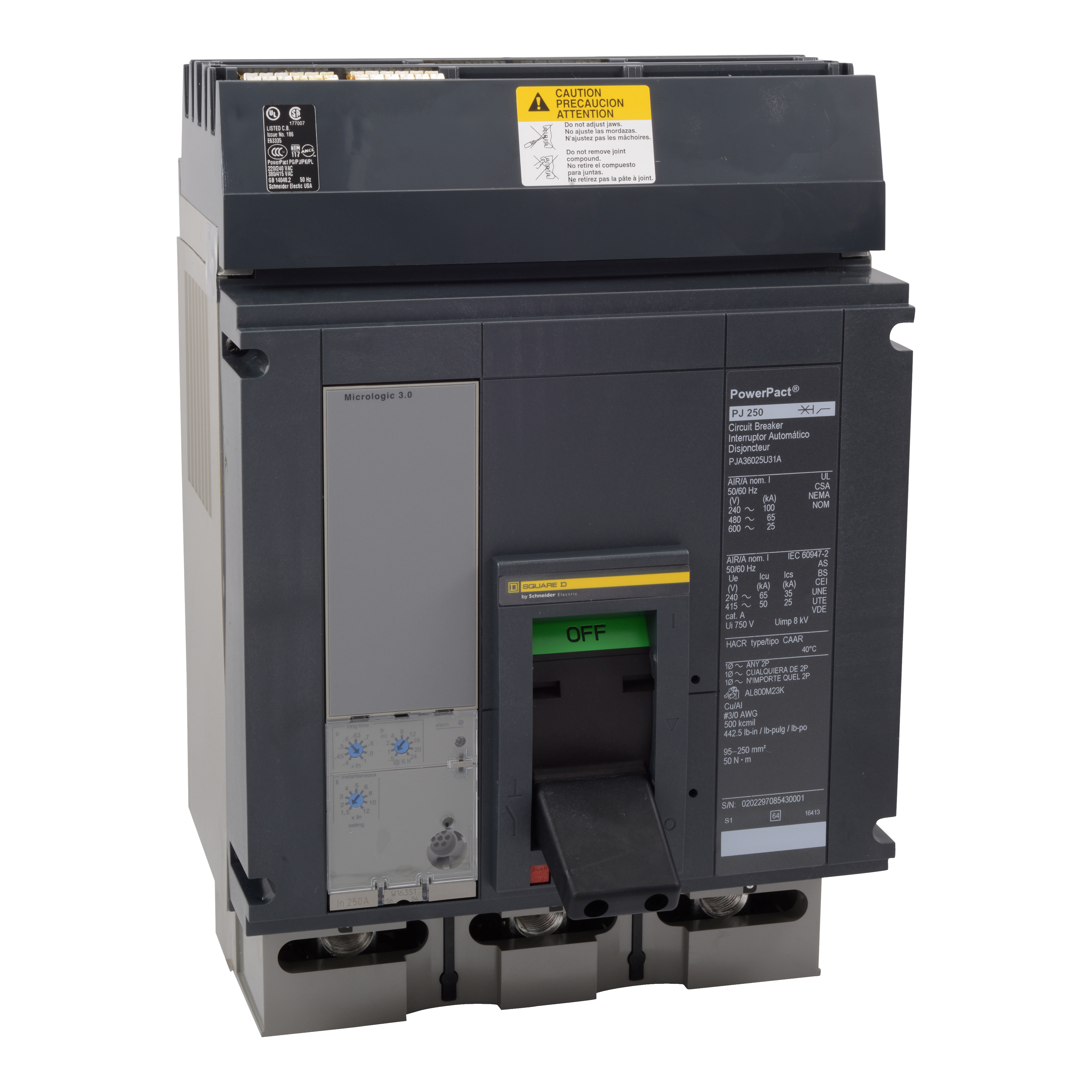 Circuit breaker, PowerPacT P, 250A, 3 pole, 600VAC, 25kA, I-Line, Micrologic 3.0, 80%, ABC