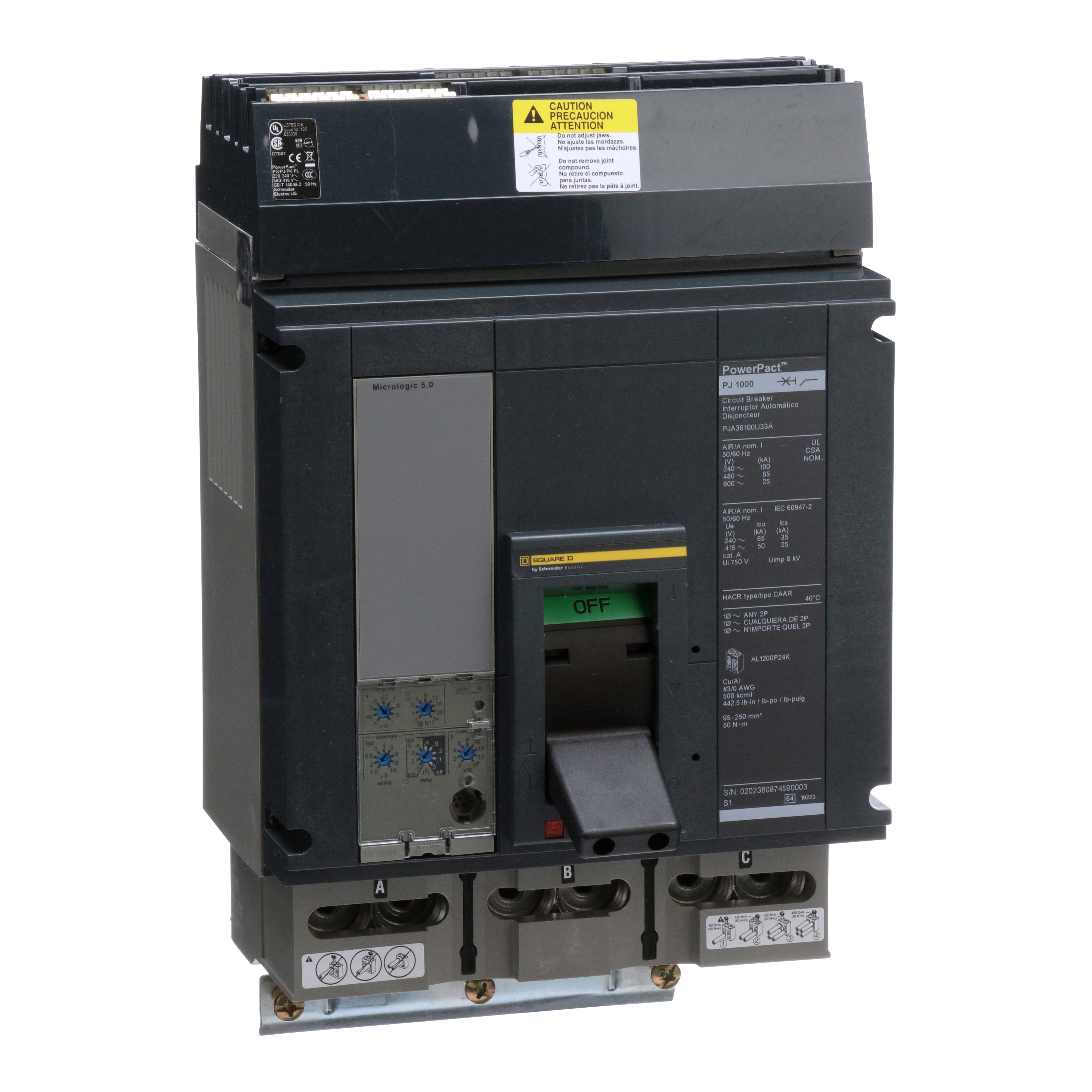 Circuit breaker, PowerPacT P, 1000A, 3 pole, 600VAC, 25kA, I-Line, Micrologic 5.0, 80%, ABC