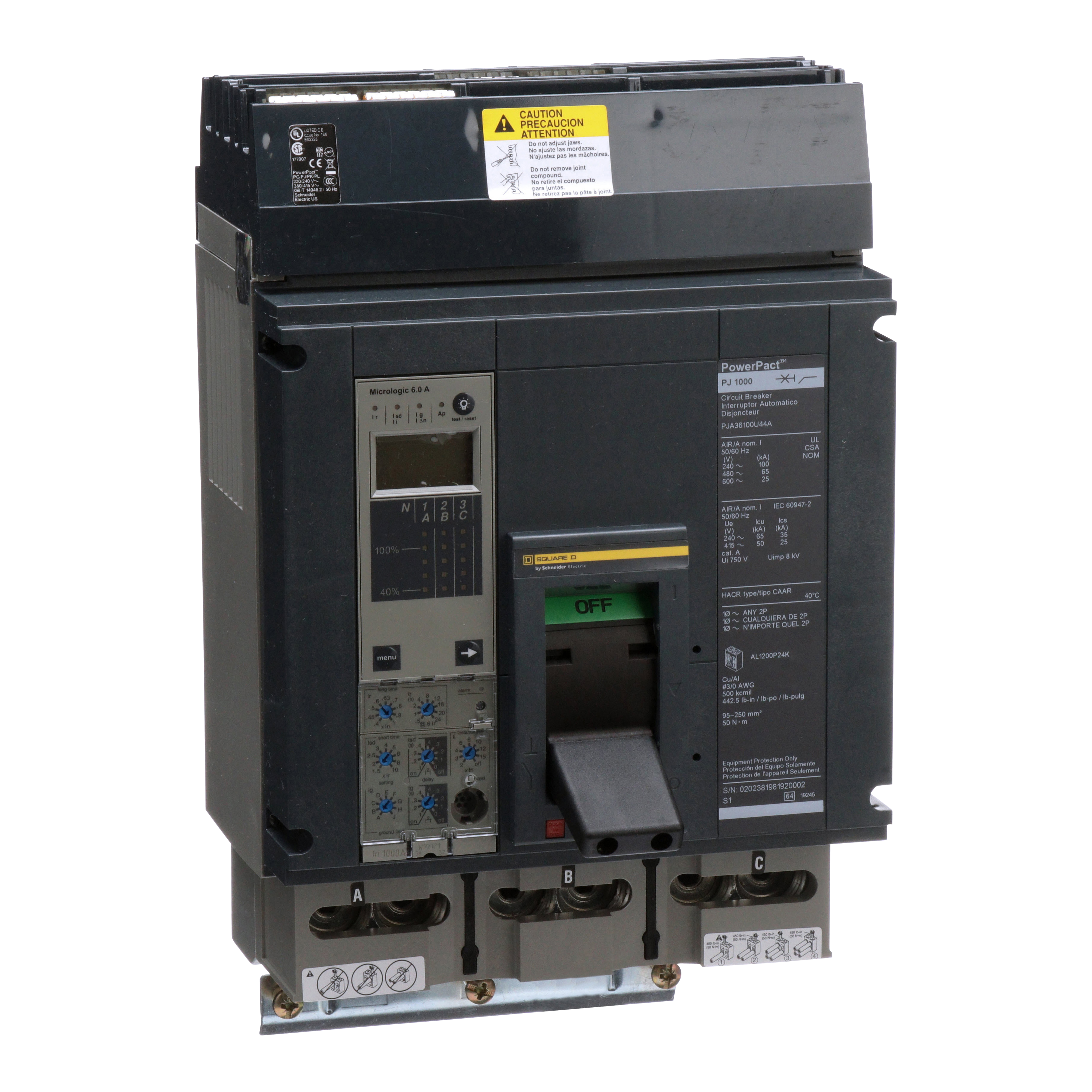 Circuit breaker, PowerPacT P, 1000A, 3 pole, 600VAC, 25kA, I-Line, Micrologic 6.0A, 80%, ABC