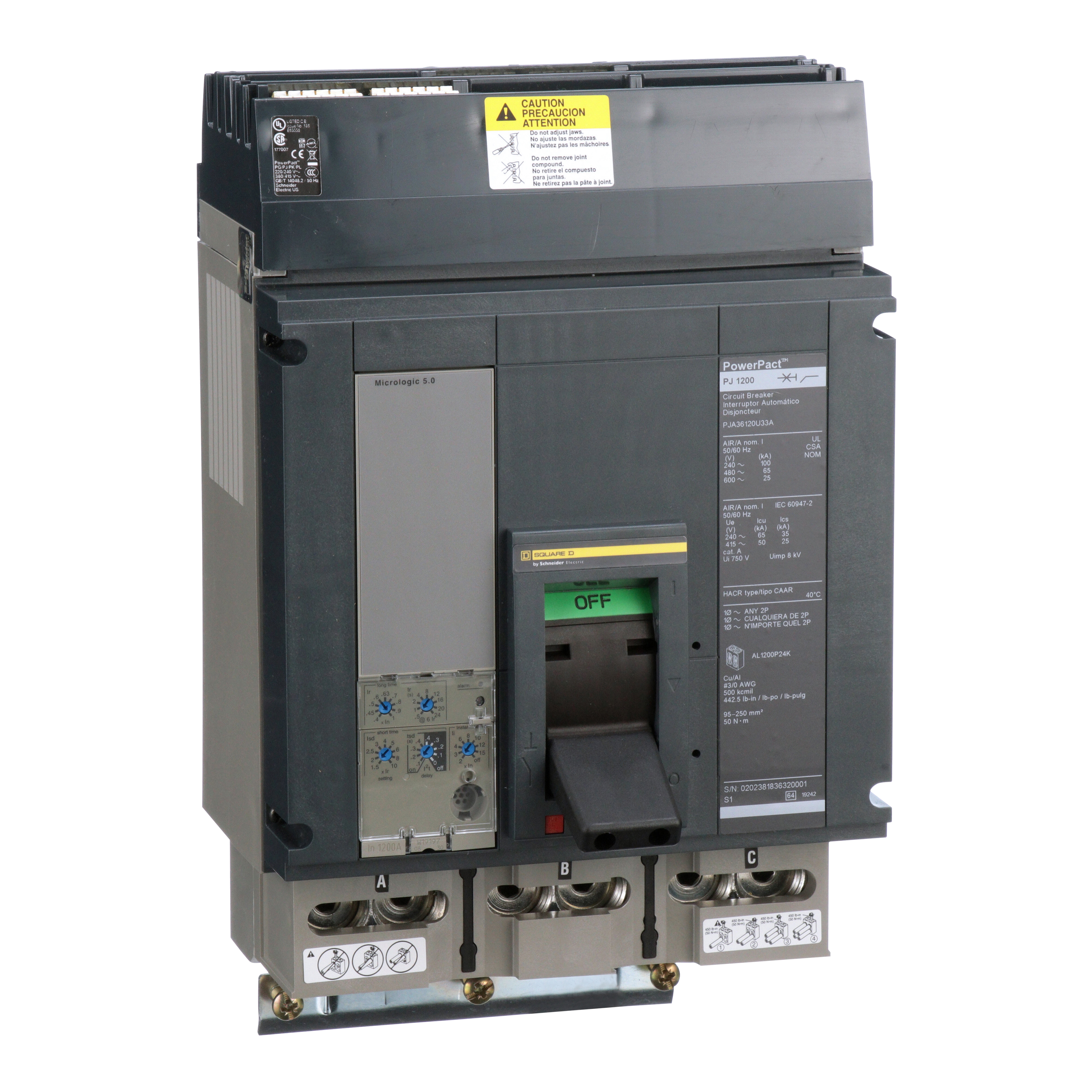 Circuit breaker, PowerPacT P, 1200A, 3 pole, 600VAC, 25kA, I-Line, Micrologic 5.0, 80%, ABC