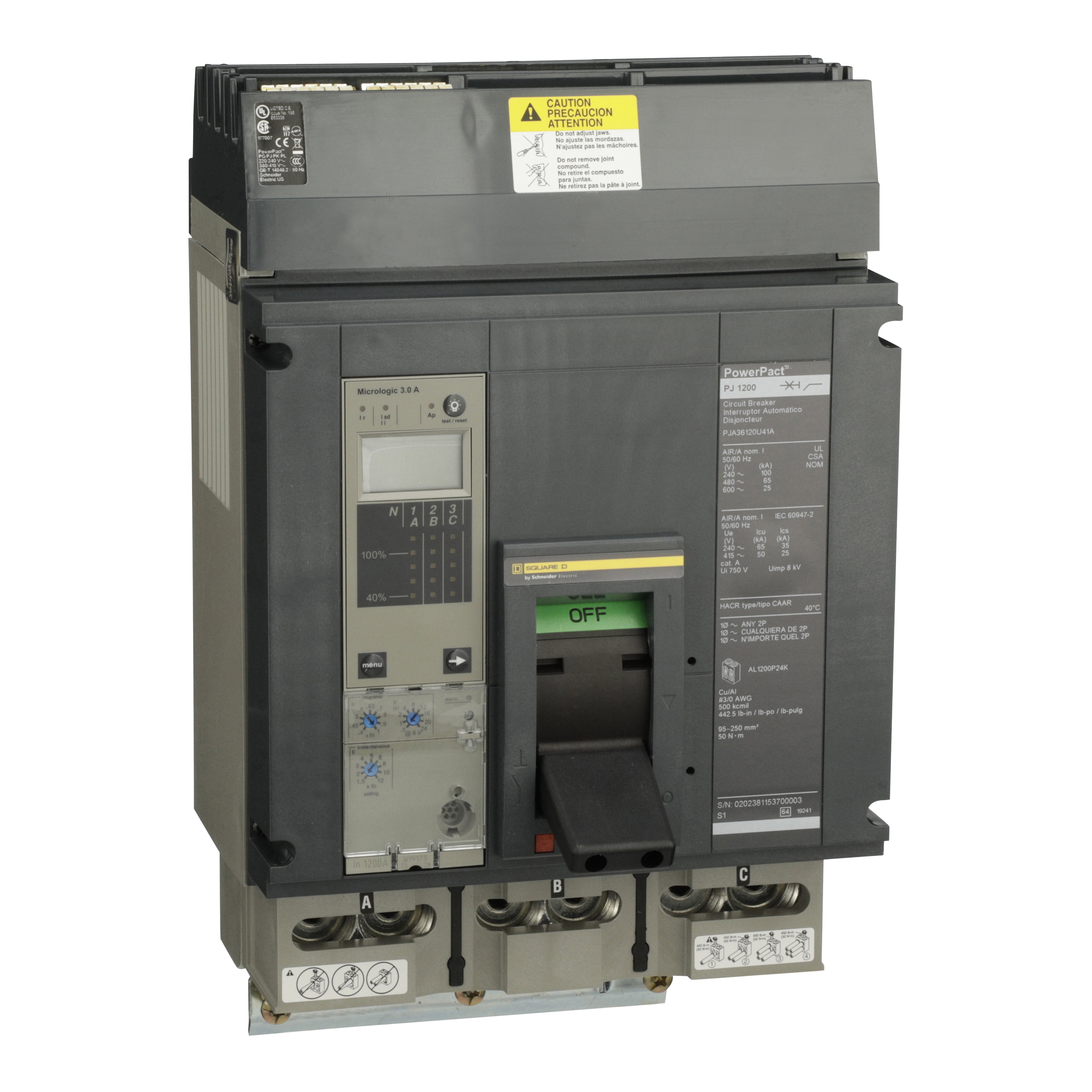 Circuit breaker, PowerPacT P, 1200A, 3 pole, 600VAC, 25kA, I-Line, Micrologic 3.0A, 80%, ABC