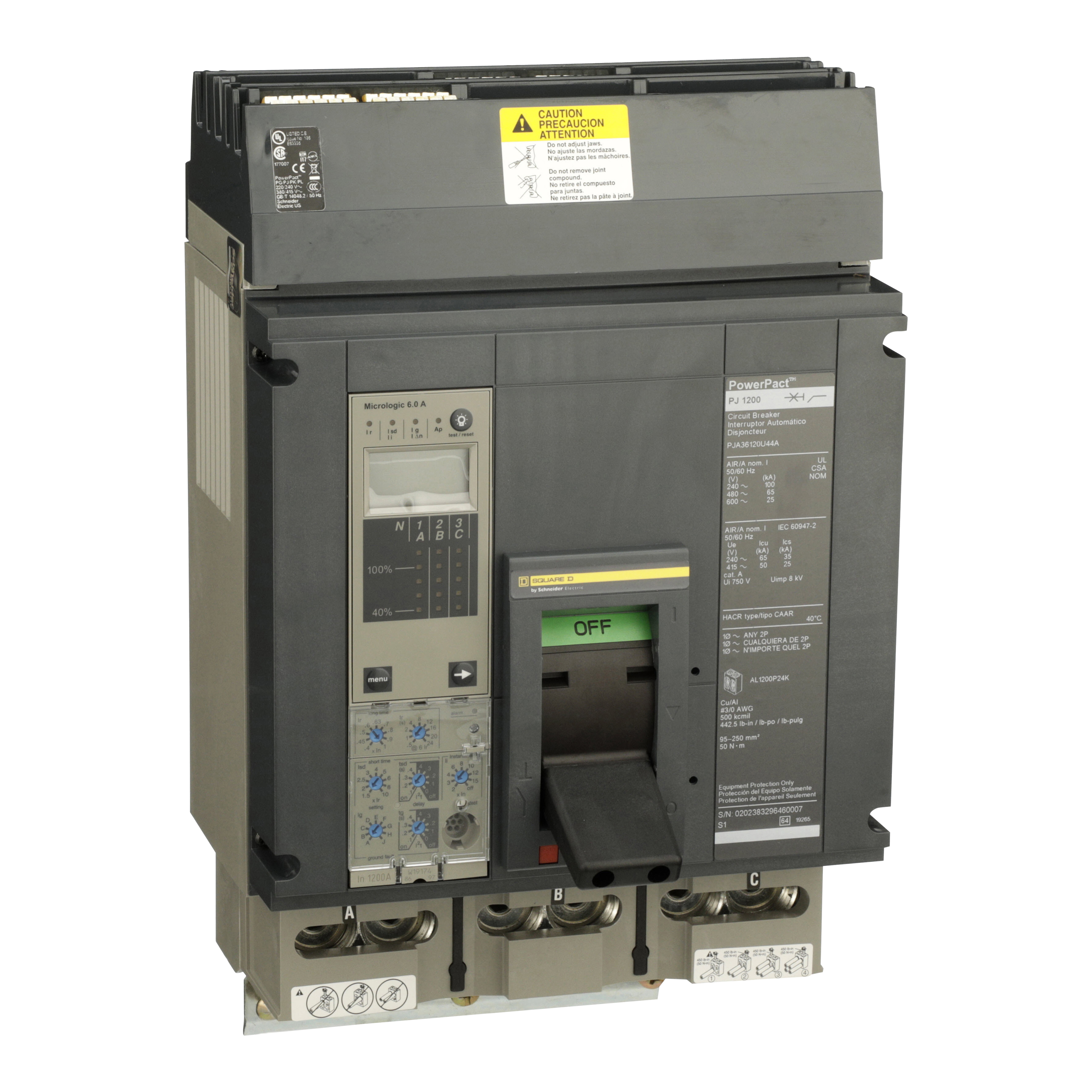 Circuit breaker, PowerPacT P, 1200A, 3 pole, 600VAC, 25kA, I-Line, Micrologic 6.0A, 80%, ABC