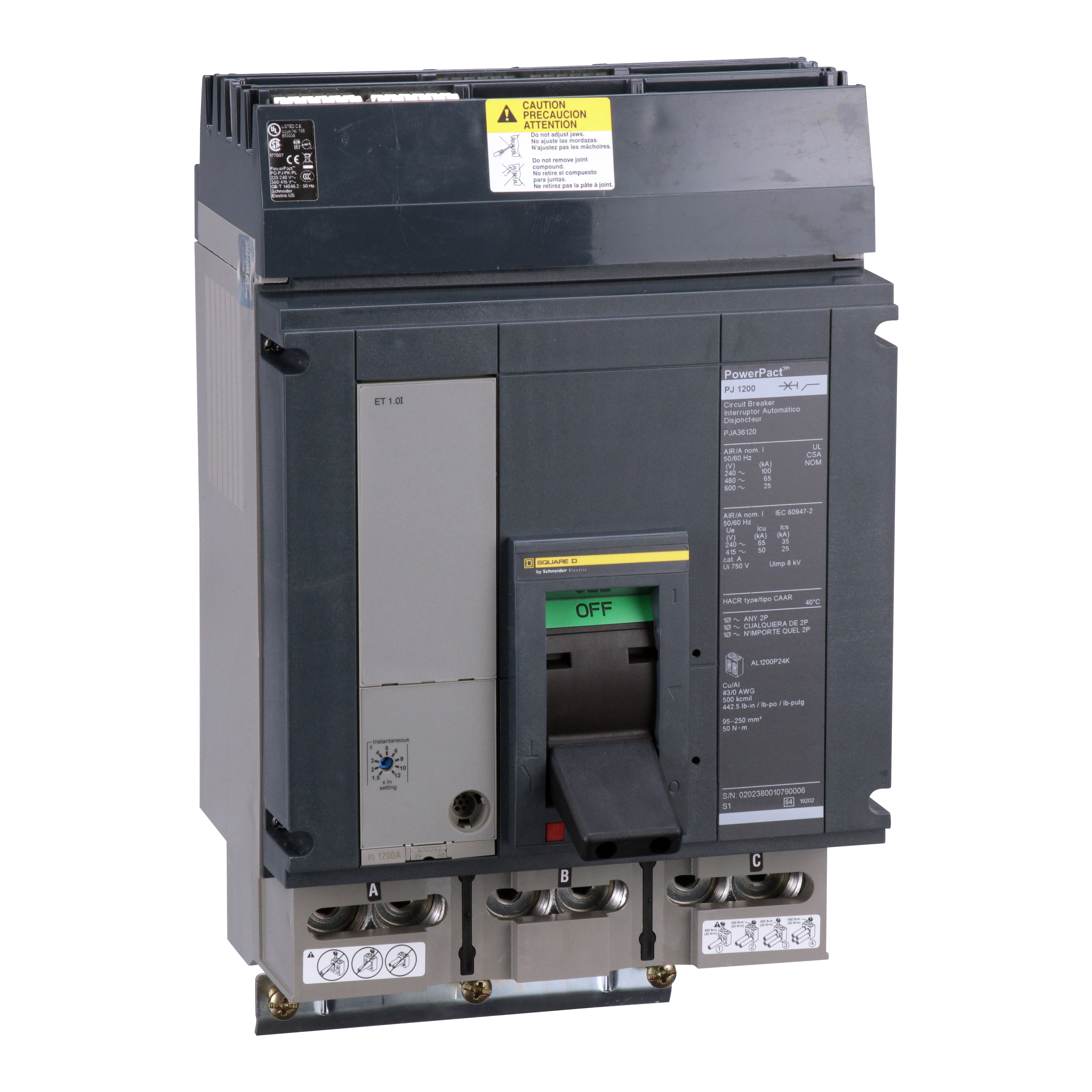 Circuit breaker, PowerPacT P, 1200A, 3 pole, 600VAC, 25kA, I-Line, ET1.0l, 80%, ABC