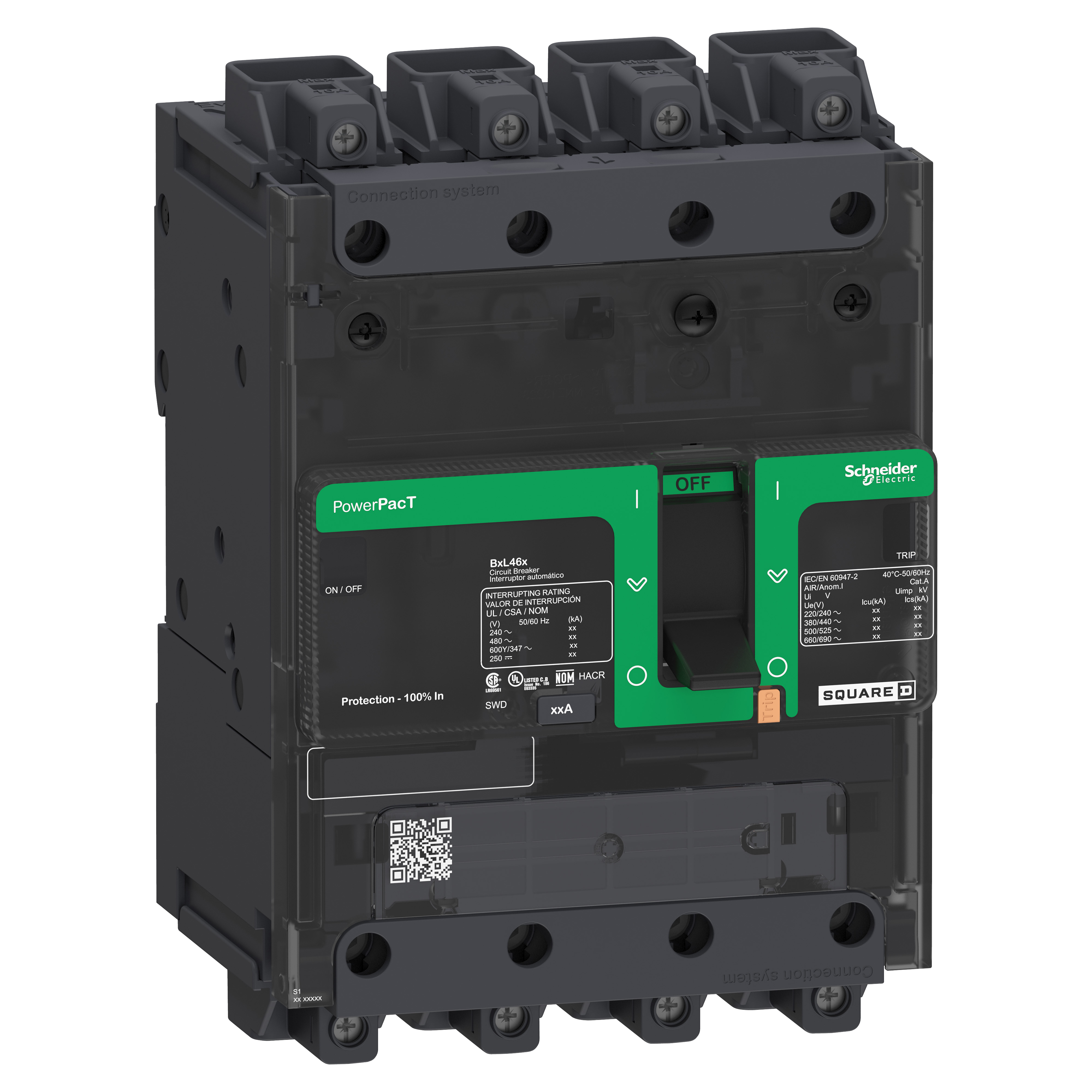 Circuit breaker, PowerPacT B, 80A, 4 pole, 600Y/347VAC, 18kA, lugs, thermal magnetic, 80%, control wire ON end