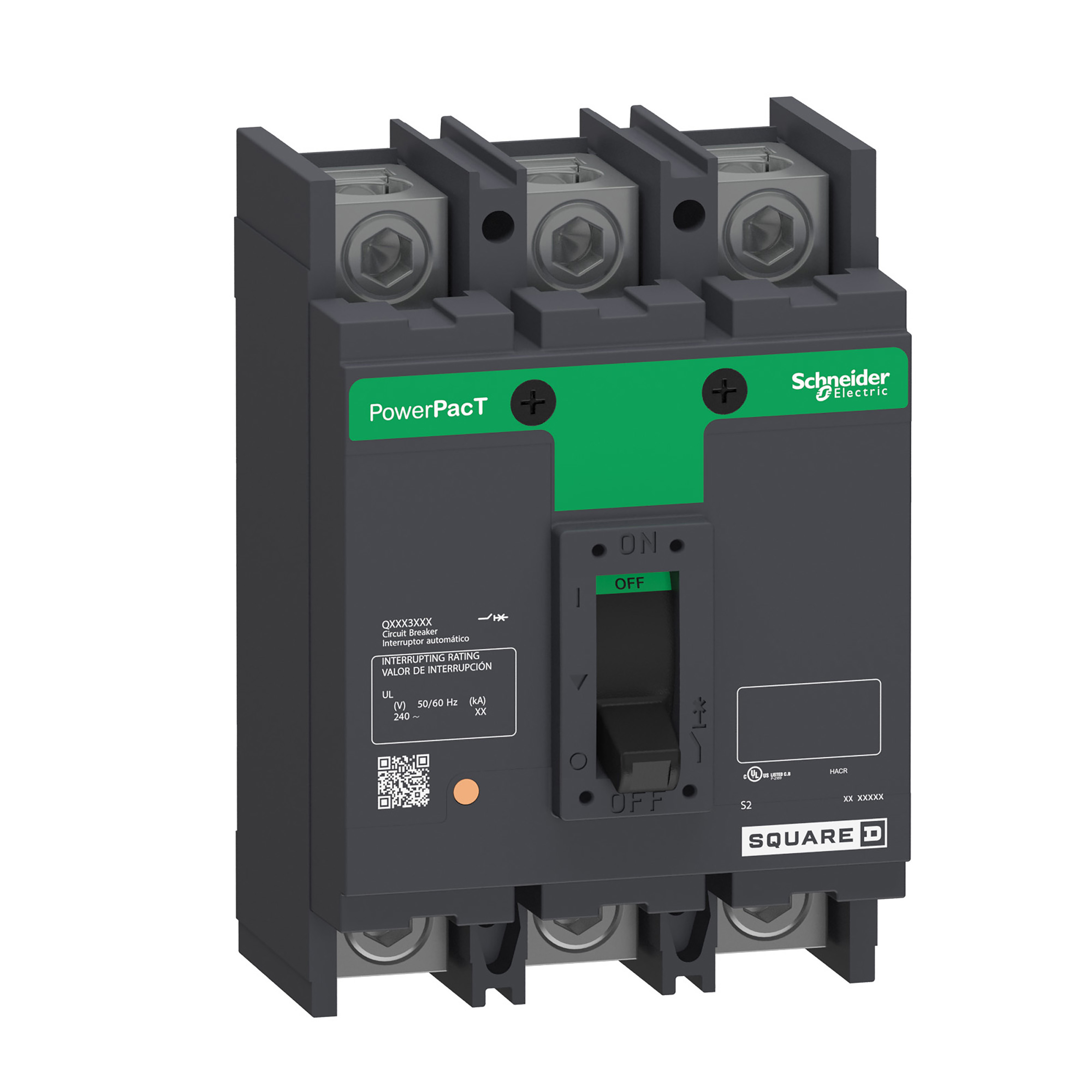 Circuit breaker, PowerPacT Q, 125A, 3 pole, 240VAC, 25kA, lugs, thermal magnetic, 80%, bottom of panel