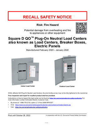 Poster - Recall Safety Notice - Square D QO™ Plug-On Neutral Load Centers