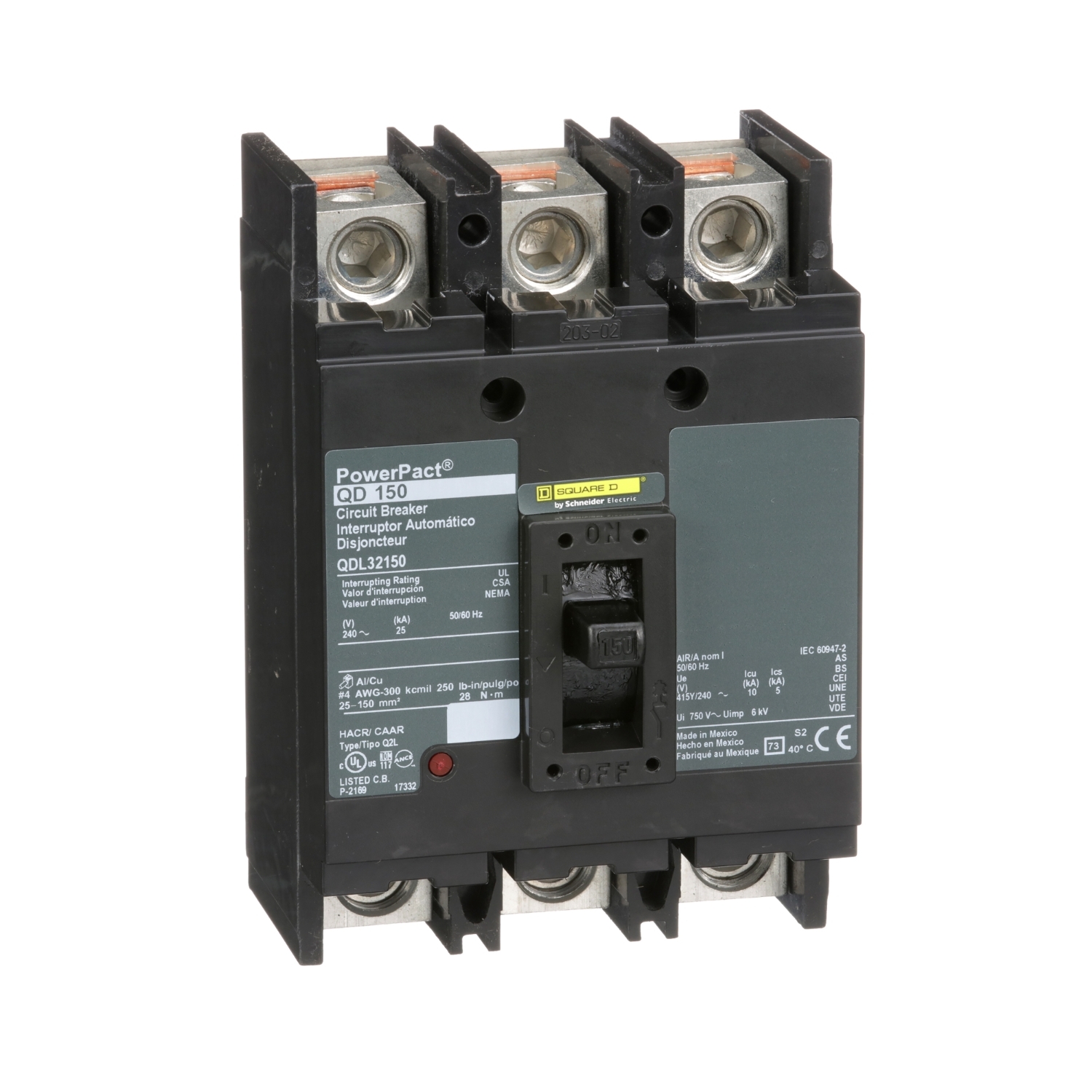 Circuit breaker, PowerPacT Q, 150A, 3 pole, 240VAC, 25kA, lugs, thermal magnetic, 80%