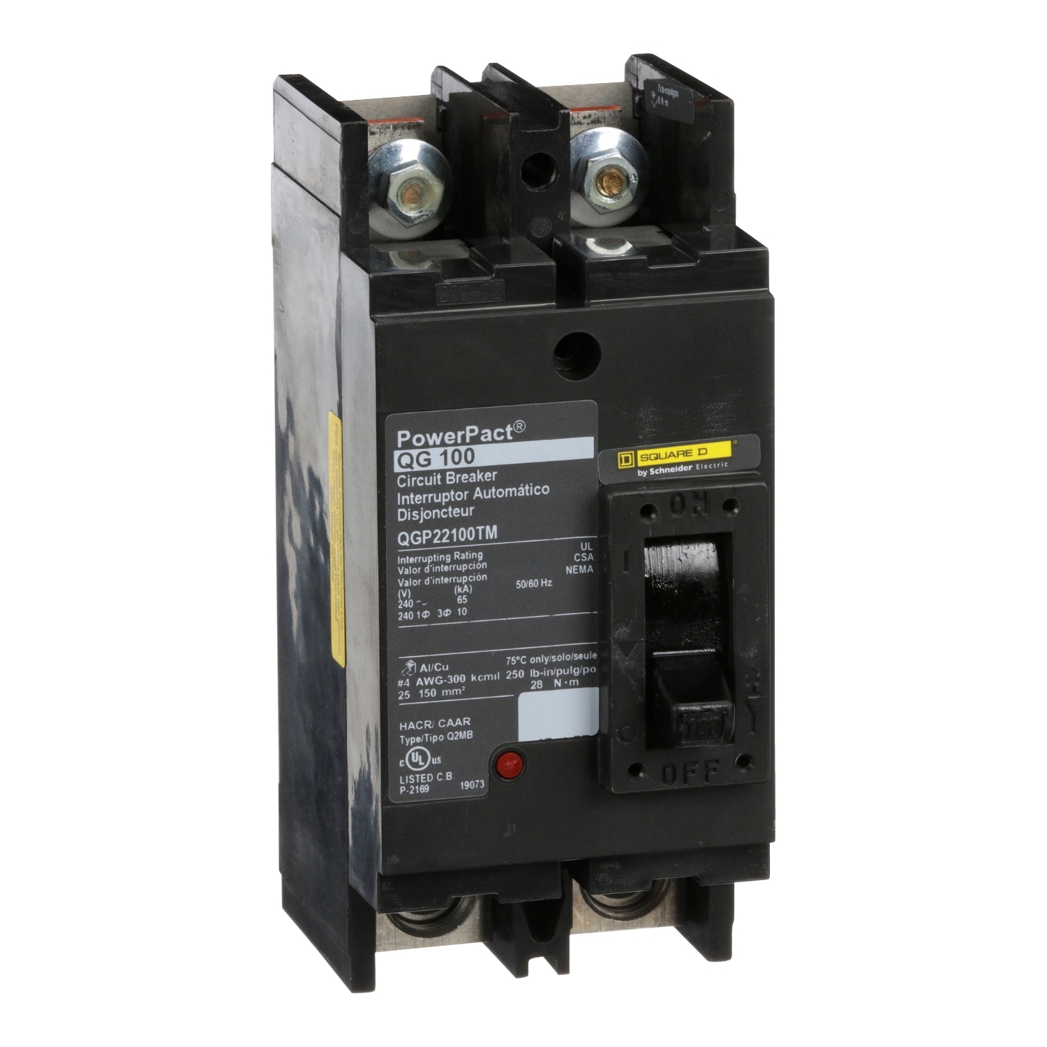 Circuit breaker, PowerPacT Q, 100A, 2 pole, 240VAC, 65kA, lugs, thermal magnetic, 80%, bottom of panel