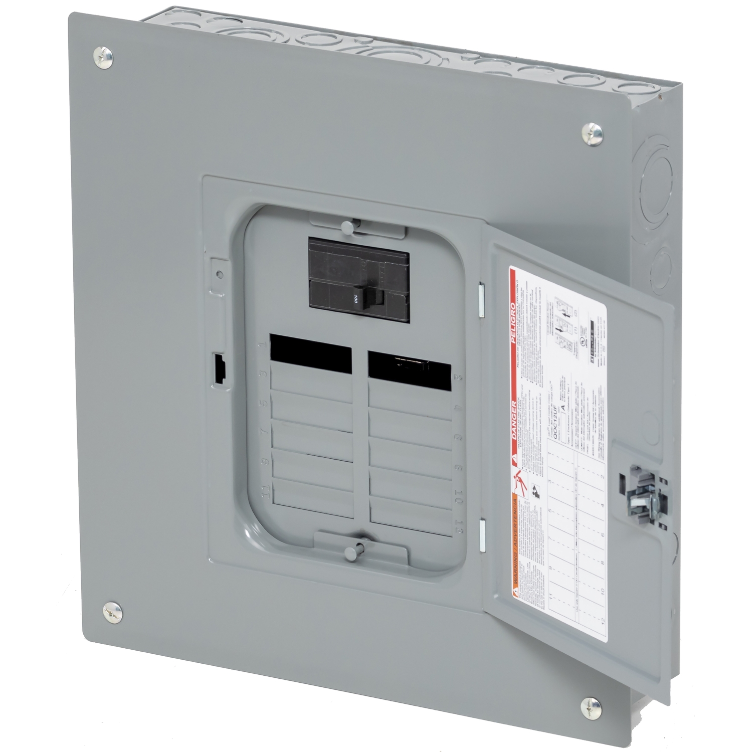 Load center, QO, 1 phase, 12 spaces, 24 circuits, 100A convertible main breaker, PoN, NEMA1, combo cover, UL