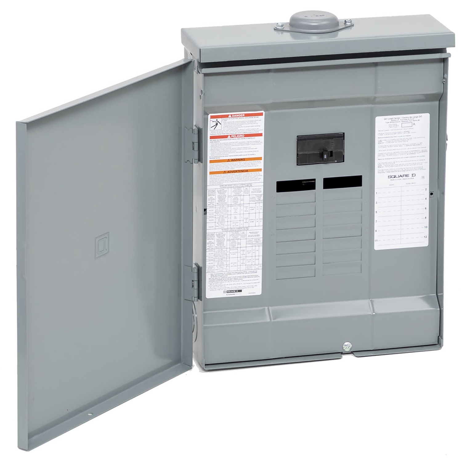 Load center, QO, 1 phase, 12 spaces, 24 circuits, 100A convertible main breaker, PoN, NEMA3R, UL
