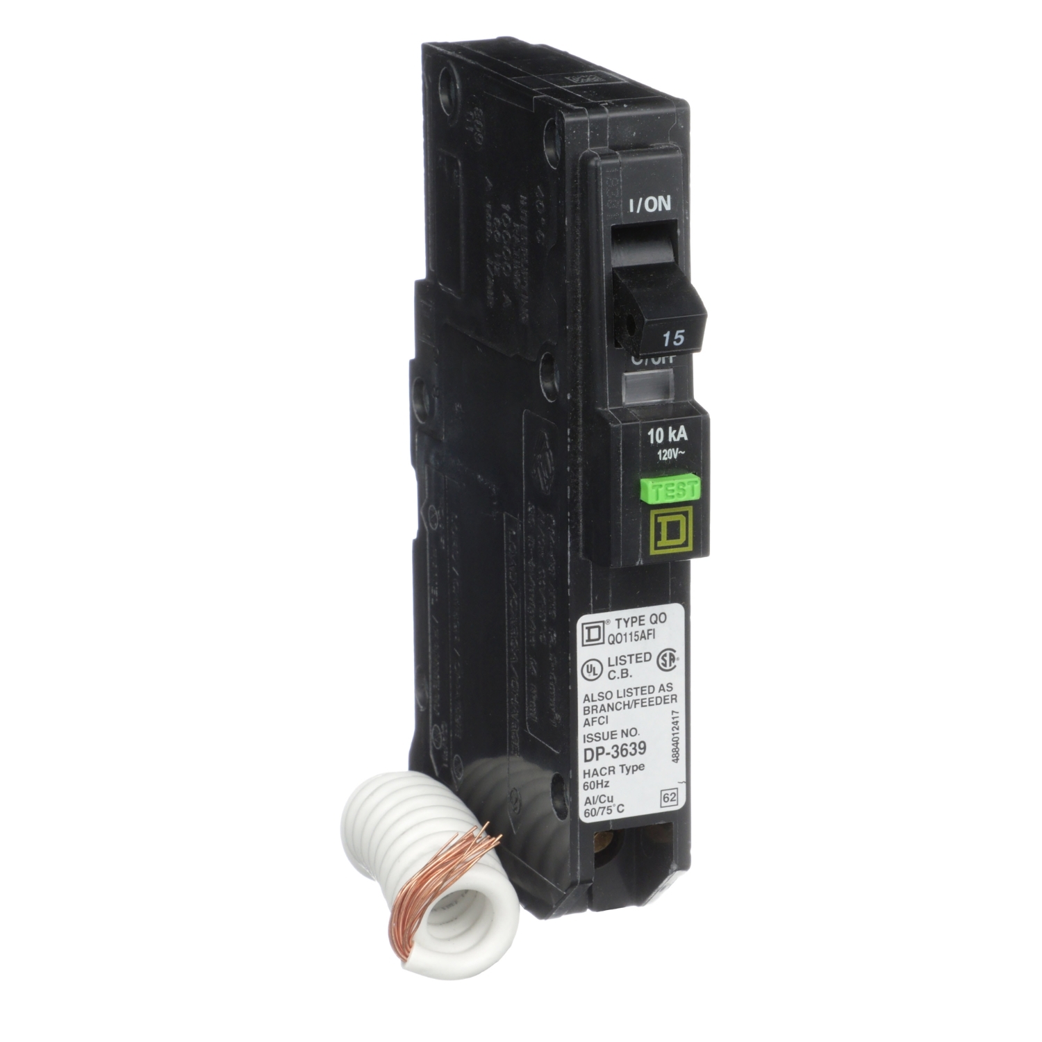 Mini circuit breaker, QO, 15A, 1 pole, 120VAC, 10kA, plug in, ARC fault, pigtail