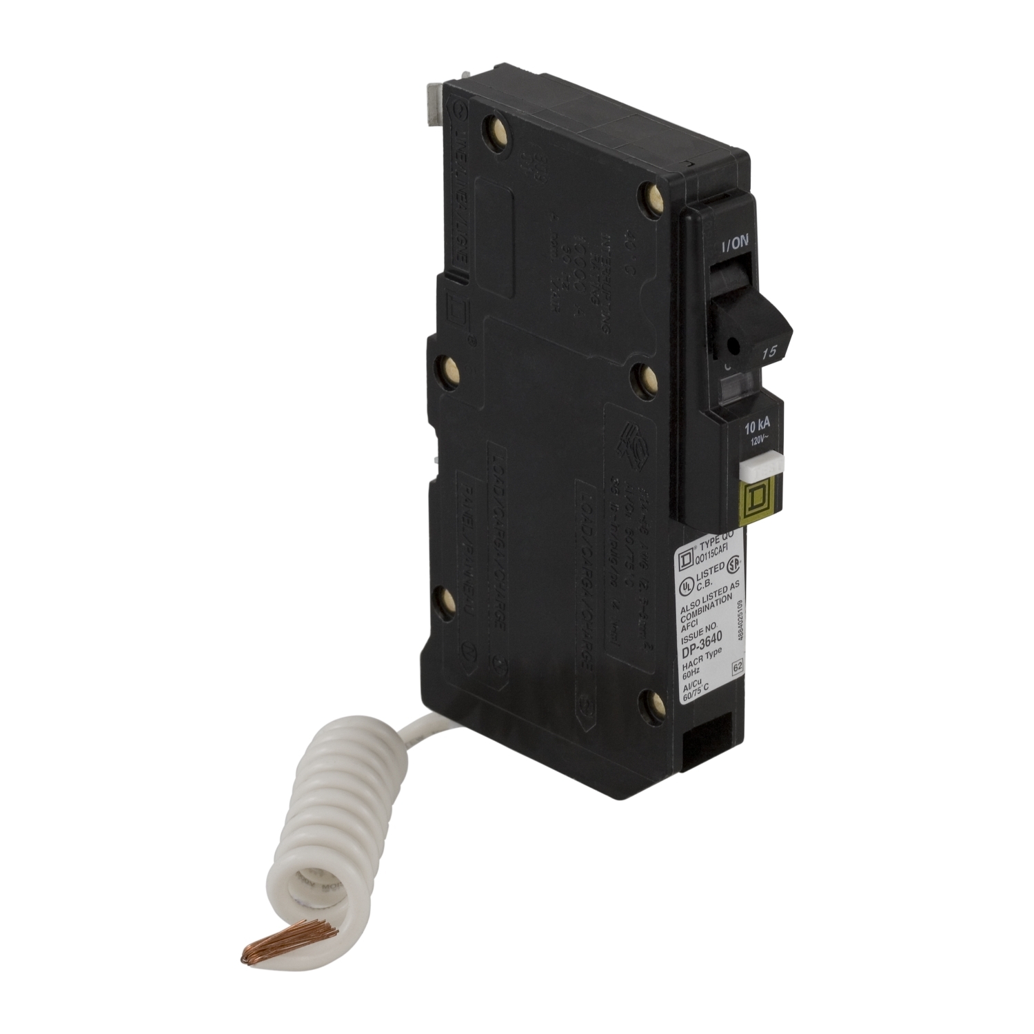 Mini circuit breaker, QO, 15A, 1 pole, 120VAC, 10kA, plug in, combo ARC fault, pigtail