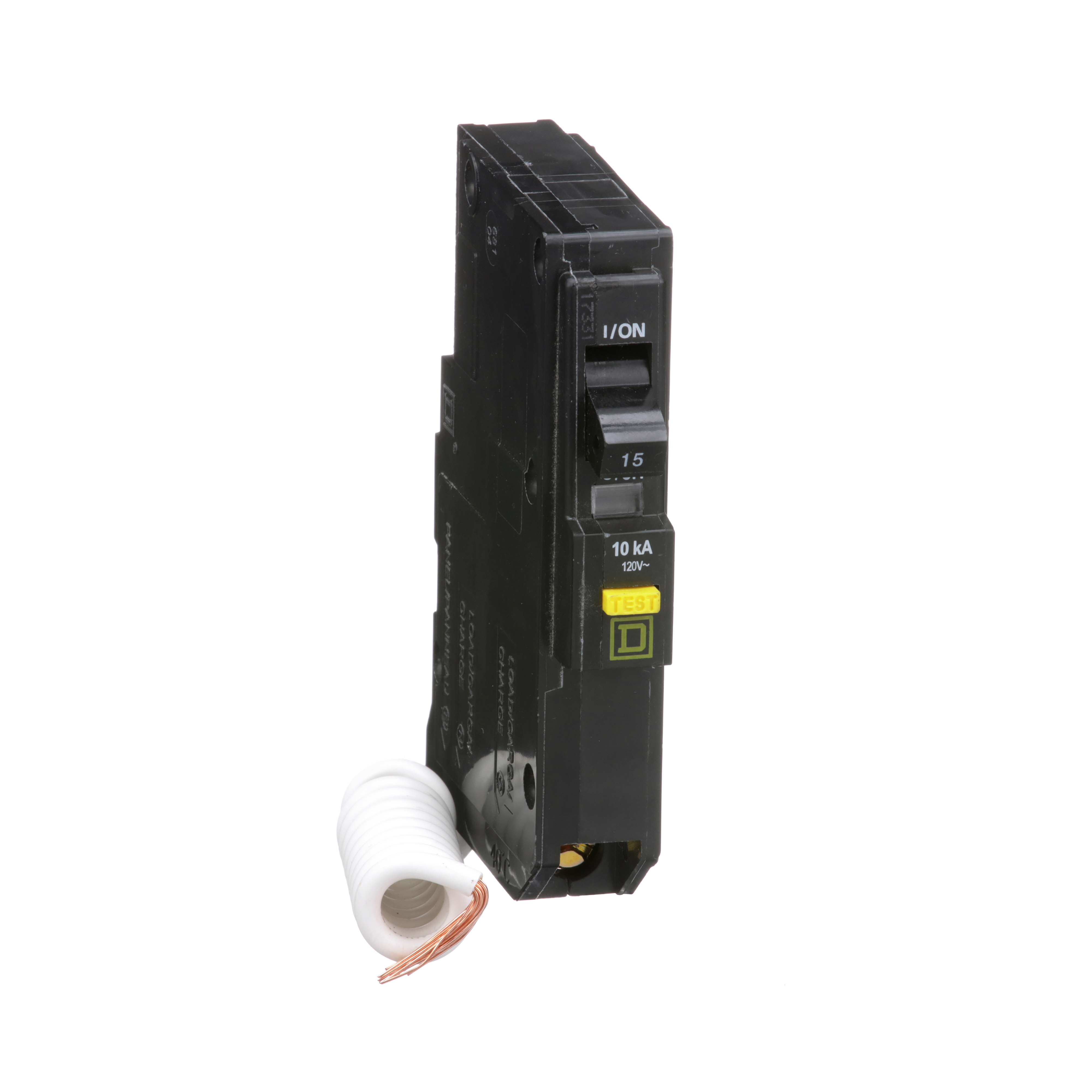 Mini circuit breaker, QO, 15A, 1 pole, 120VAC, 10kA, 6mA grd fault A, pigtail, plug in mount