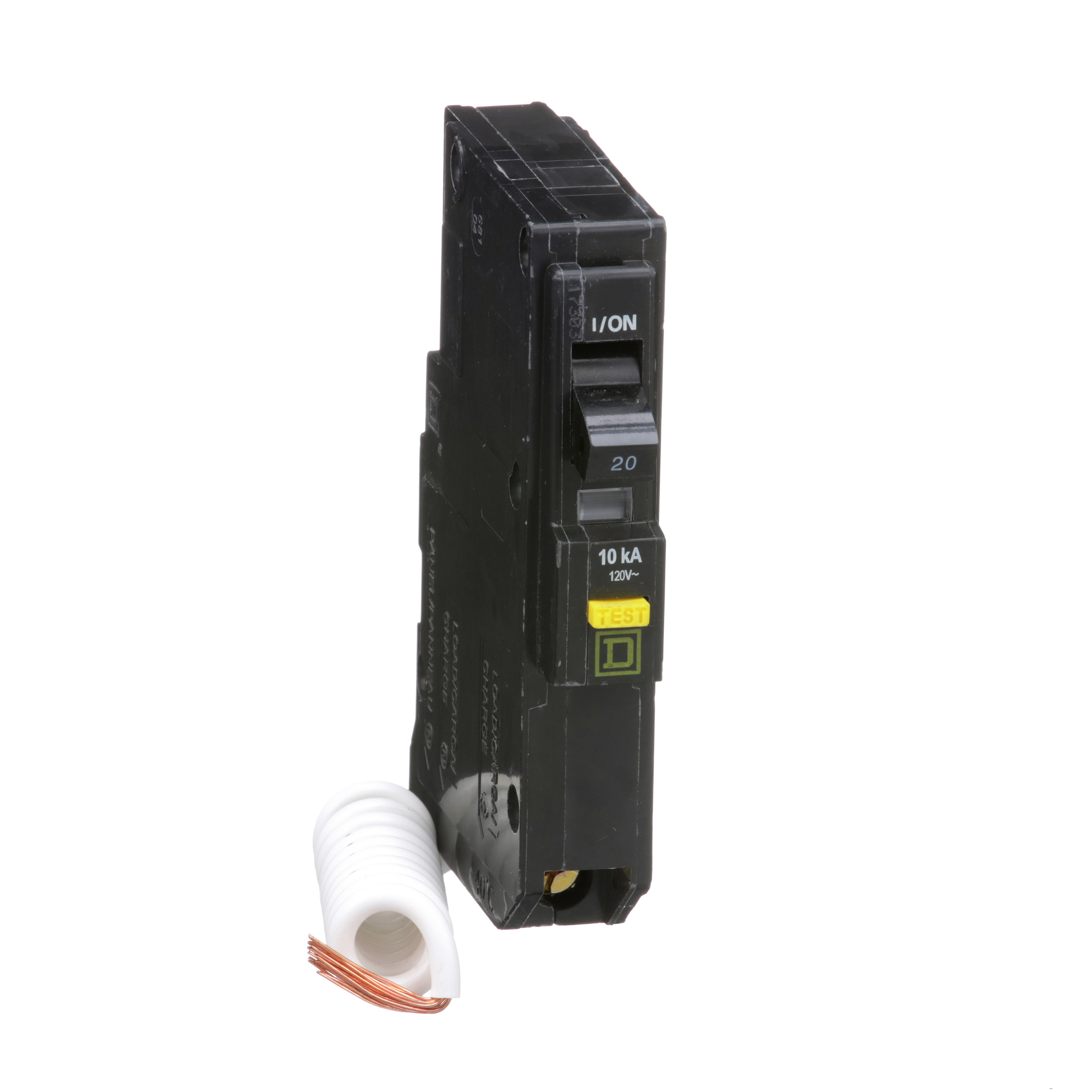 Mini circuit breaker, QO, 20A, 1 pole, 120VAC, 10kA, plug in, 6mA grd fault A, pigtail