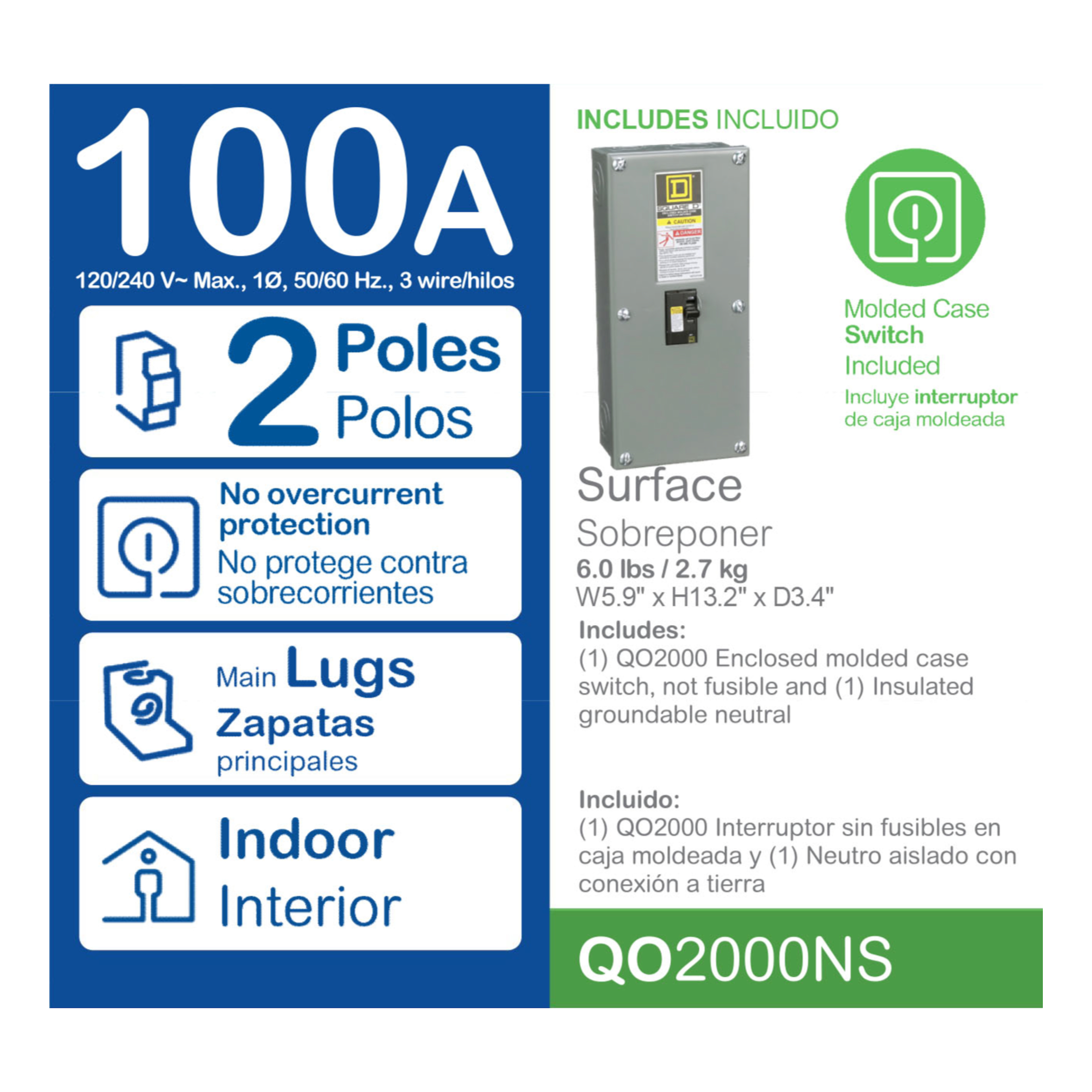 Enclosed molded case switch, QO, 100A, 2 pole, 240VAC, 10kA, plug in mount, NEMA 1