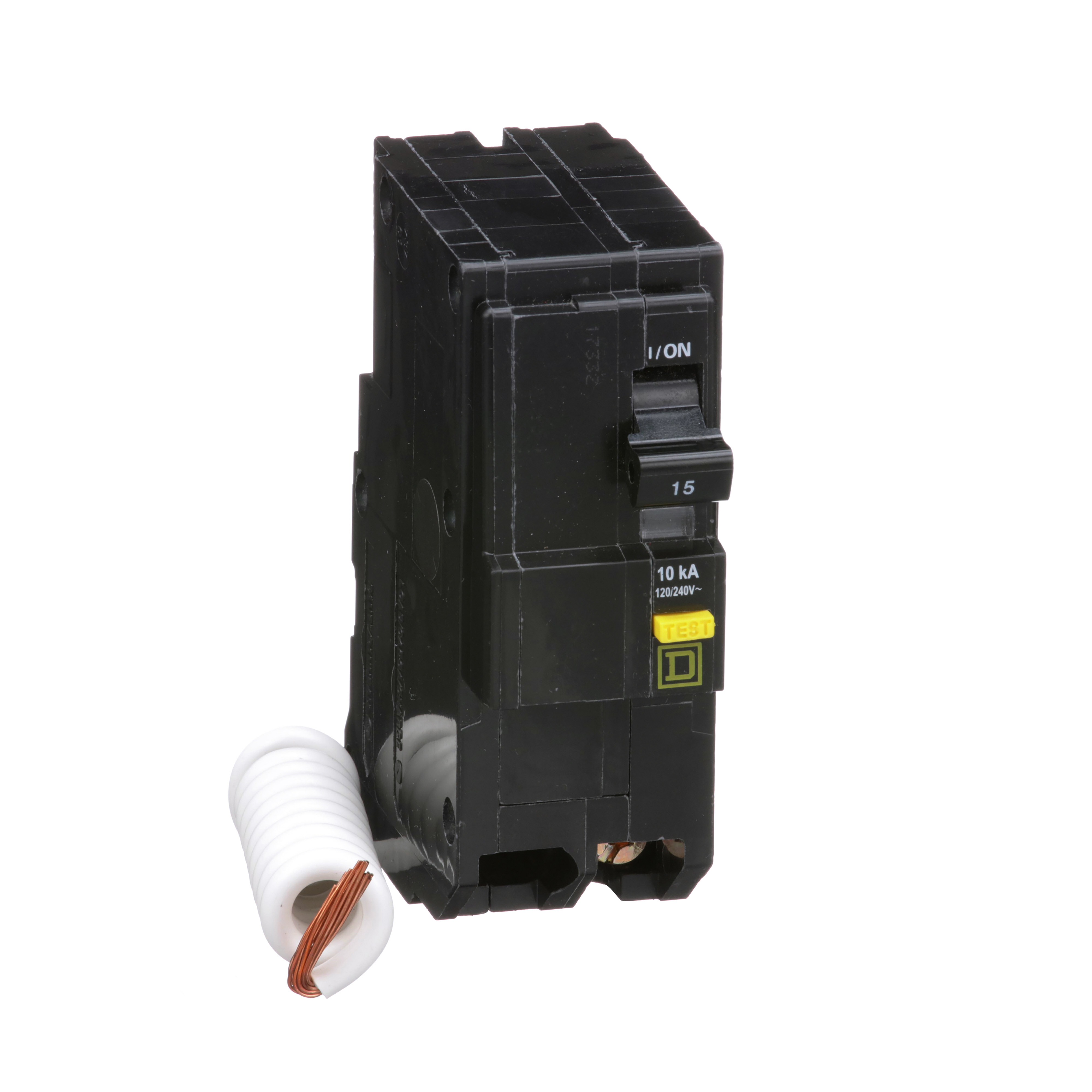 Mini circuit breaker, QO, 15A, 2 pole, 120/240VAC, 10kA, plug in, 6mA grd fault A, pigtail