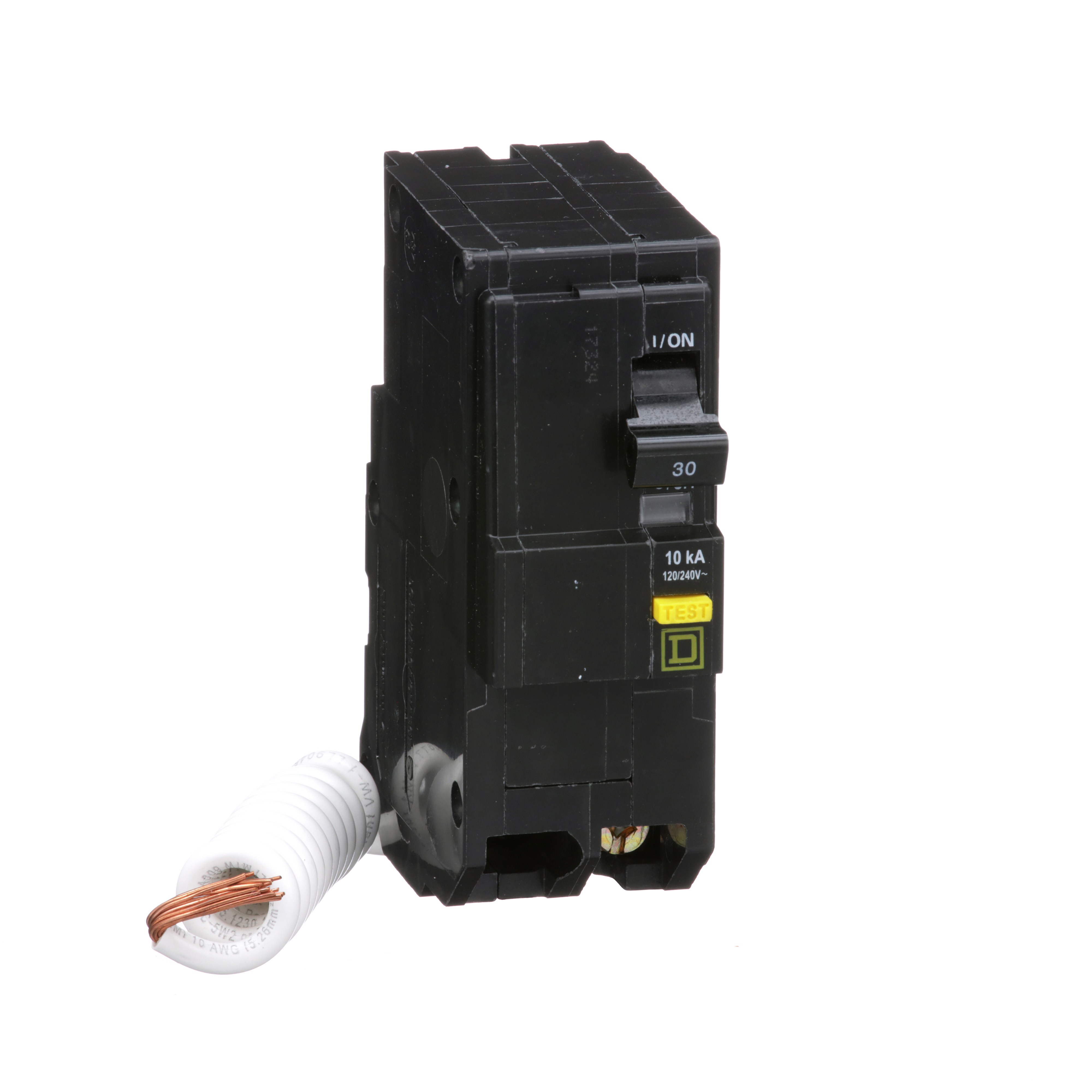 Mini circuit breaker, QO, 30A, 2 pole, 120/240VAC, 10kA, 6mA grd fault A, pigtail, plug in mount