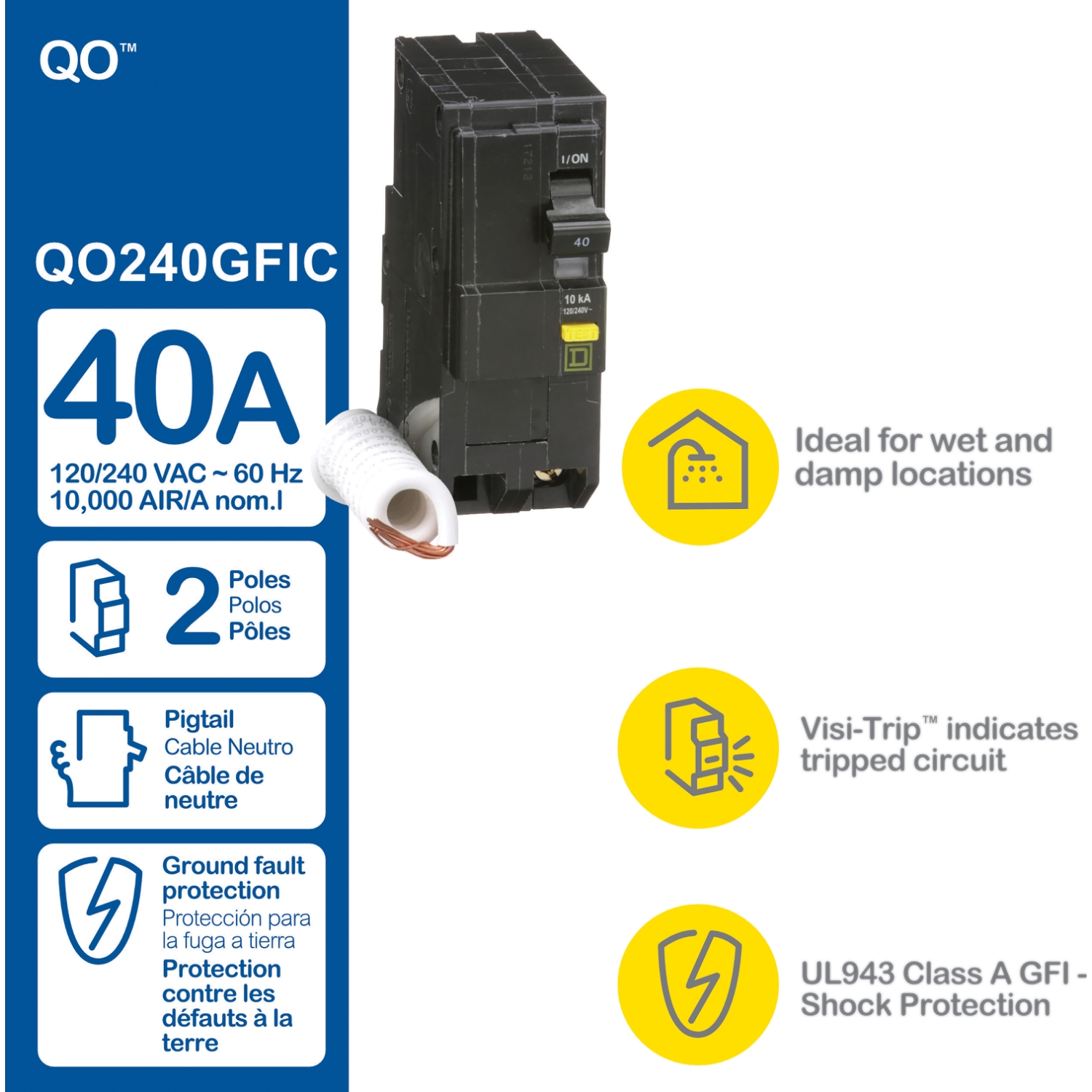 QO240GFI - Mini circuit breaker, QO, 40A, 2 pole, 120/240VAC, 10kA