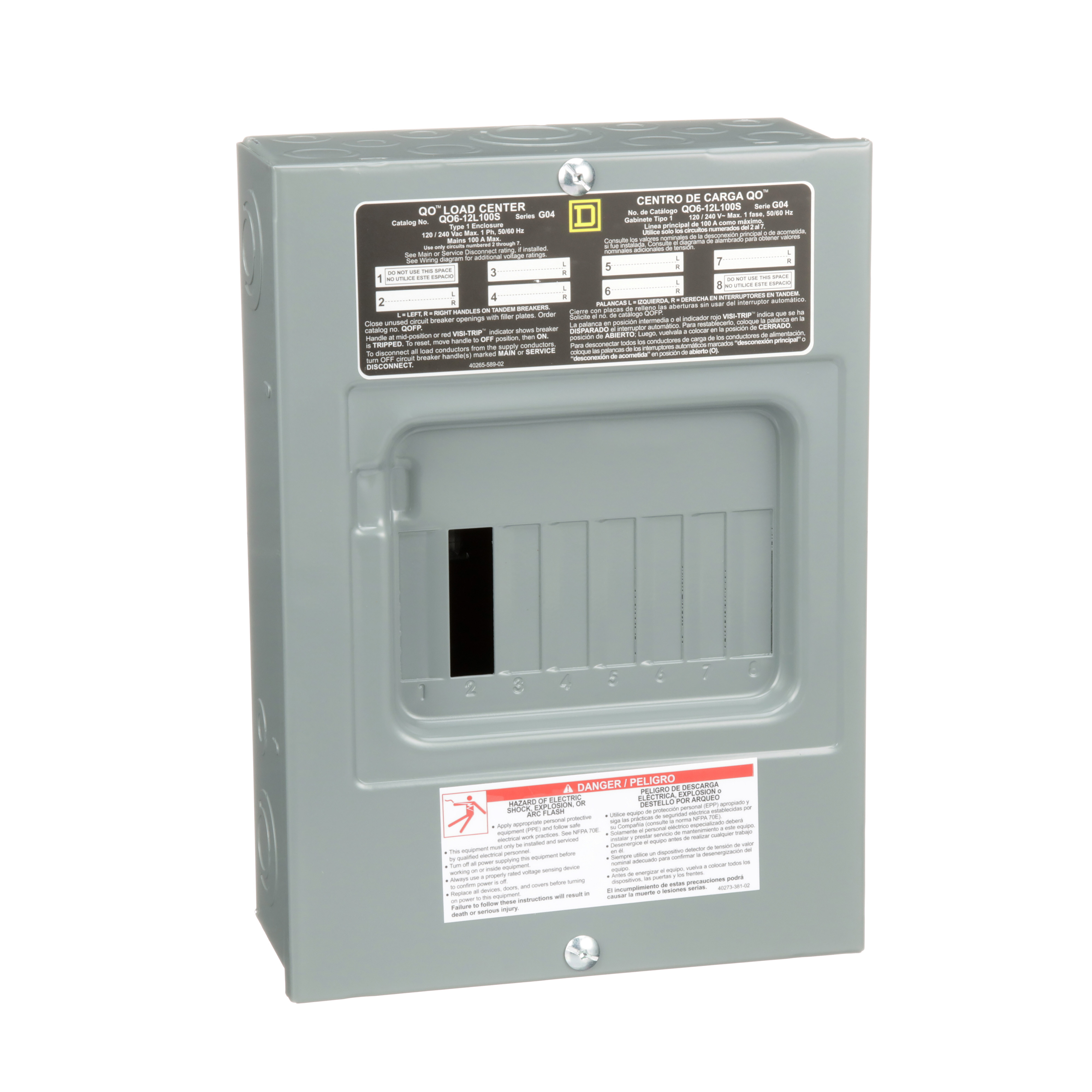 Load center, QO, 1 phase, 6 spaces, 12 circuits, 100A fixed main lugs, NEMA1, surface cover, UL