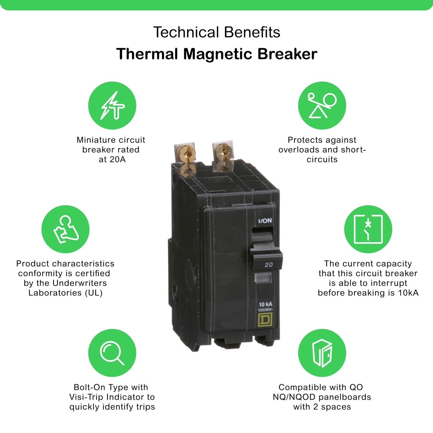 QOB220 - Mini circuit breaker, QO, 20A, 2 pole, 120/240VAC, 10kA 