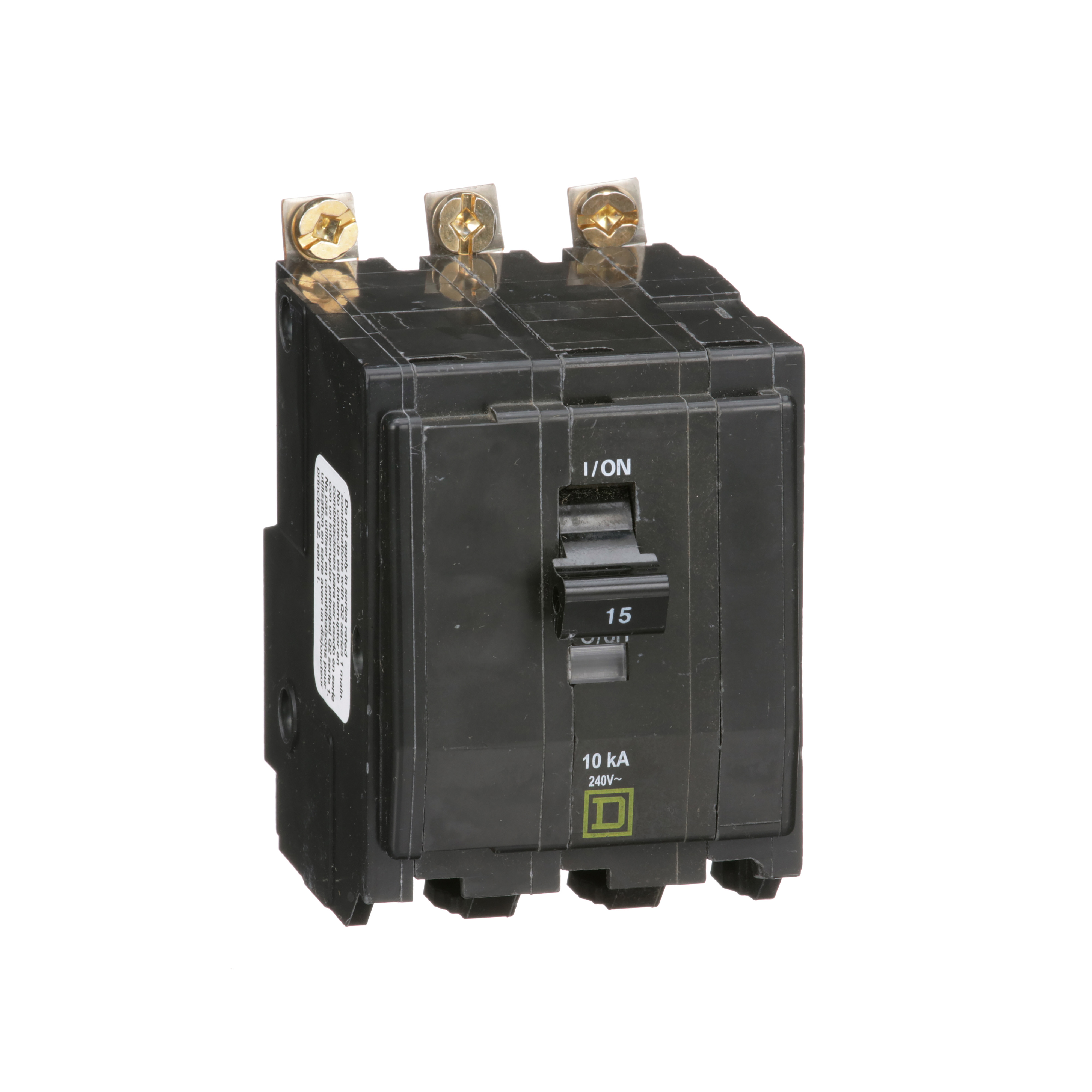 Mini circuit breaker, QO, 15A, 3 pole, 120/240VAC, 10kA, bolt on