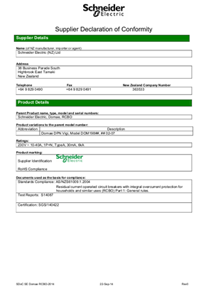 Domae MCB and Busbars, RCBO-2014, Declaration of Conformity