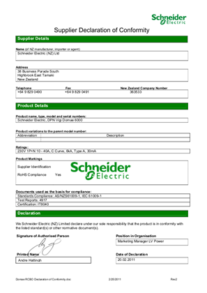 Domae RCCB, Declaration of Conformity