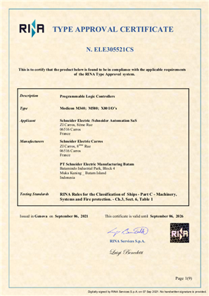  RINA_Marine Certificate_Modicon_M340_M580_X80_PLCs