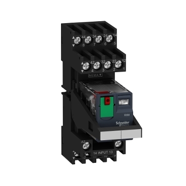 Harmony RXM miniatűr relé foglalattal, 2CO, 12A, 24VAC, tesztgomb, LED, vegyes elrendezésű RXM2AB2B7PVM