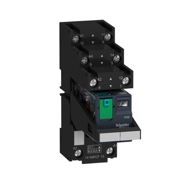 Harmony RXM miniatűr relé, 2CO, 12A, 24VDC, tesztgomb, LED, elválasztott elrendezésű RXM2AB2BDPVS