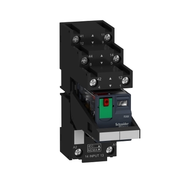 Harmony RXM miniatűr relé foglalattal, 2CO, 12A, 24VAC, tesztgomb, LED, elválasztott elrendezésű RXM2AB2B7PVS