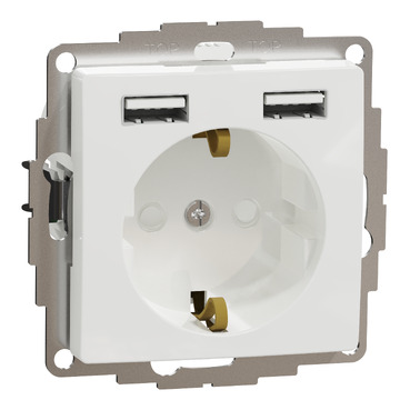 ÚJ SEDNA 2P+F csatlakozóaljzat, BZS, kettős USB töltővel, rugós, 16A/2.4A, fehér színű, SDD111052