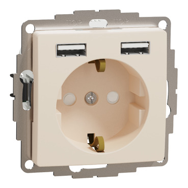 ÚJ SEDNA 2P+F csatlakozóaljzat, BZS, kettős USB töltővel, rugós, 16A/2.4A, bézs színű, SDD112052